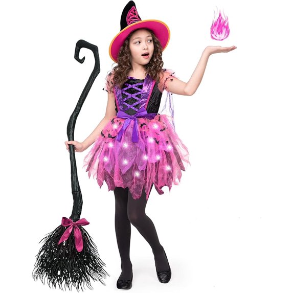 Joyfy Kid Witch Costume, Girl Light Up Witch Costume with Hat and Broom for Kids, Toddler Halloween Dress Up
