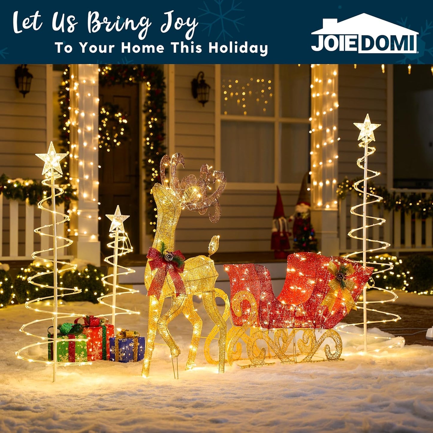 SYNCFUN 4 FT Reindeer Christmas Outdoor Yard Light Decorations,200 LED Lights Reindeer and Sleigh for Christmas Outside Lawn Decor,Warm White Light