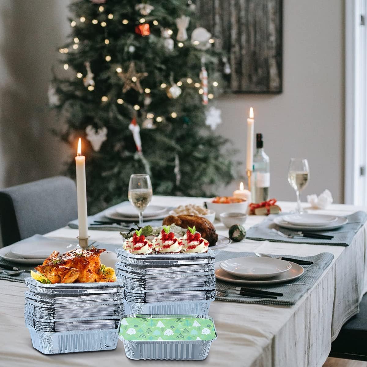 SYNCFUN 36 Pcs Christmas Foil Containers with Lids, 7"x5"x2" Rectangular Treat Foil Containers, Disposable Food Containers for Holiday Baking, Cooking, Heating, Storing, Prepping Food