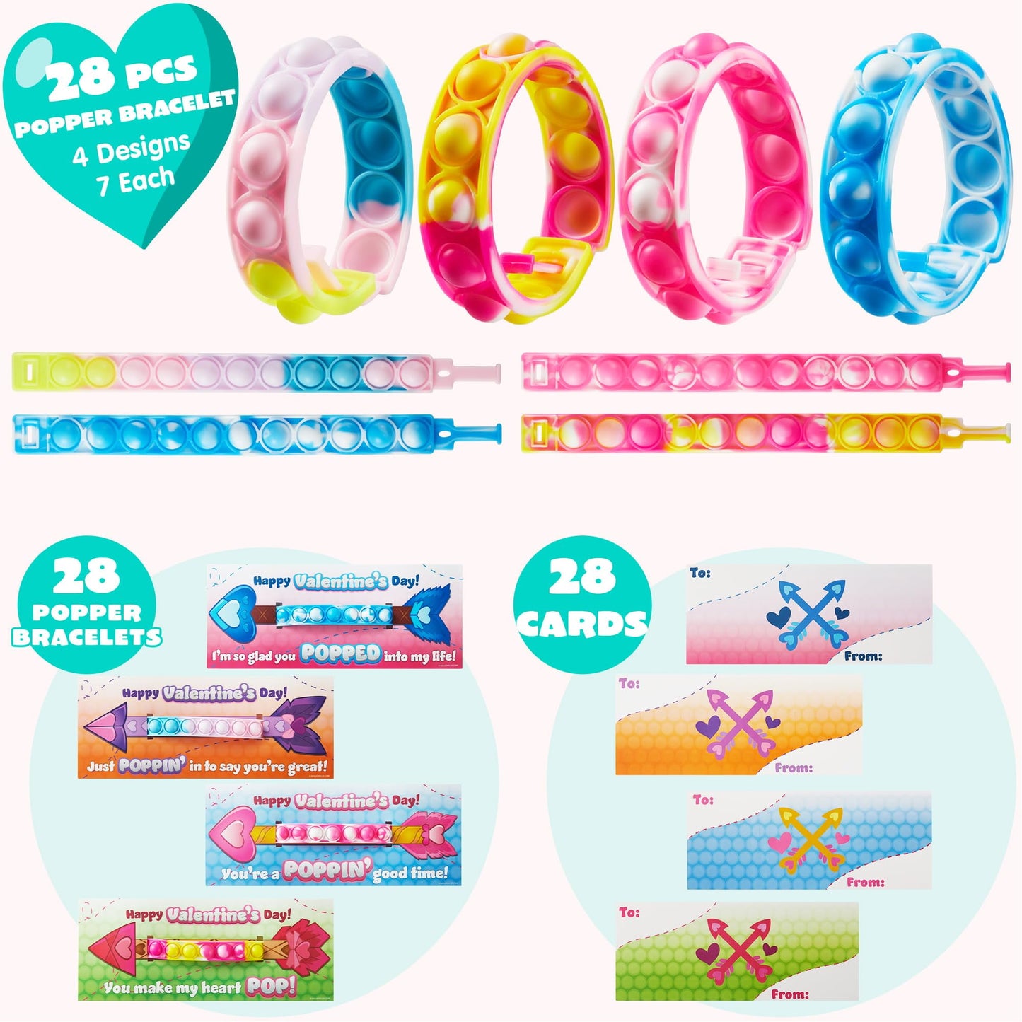 28 Packs Valentine's Day Cards with Pop Fidget Bracelet Toy Pop Bubble Fidget Toys for Kids Valentine School Classroom Exchange Gift Cards