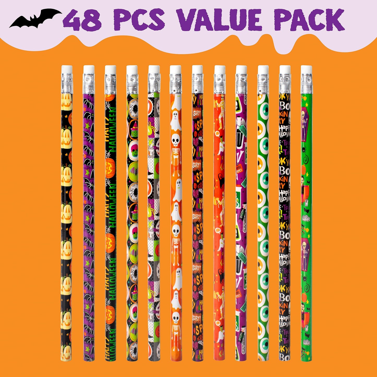 SYNCFUN 48 Pcs Halloween Pencils Bulk with Eraser for Kids,Colorful Pencils Stationery Pencil Set,Halloween Favors Prizes for Kids,Halloween Bulk Toys