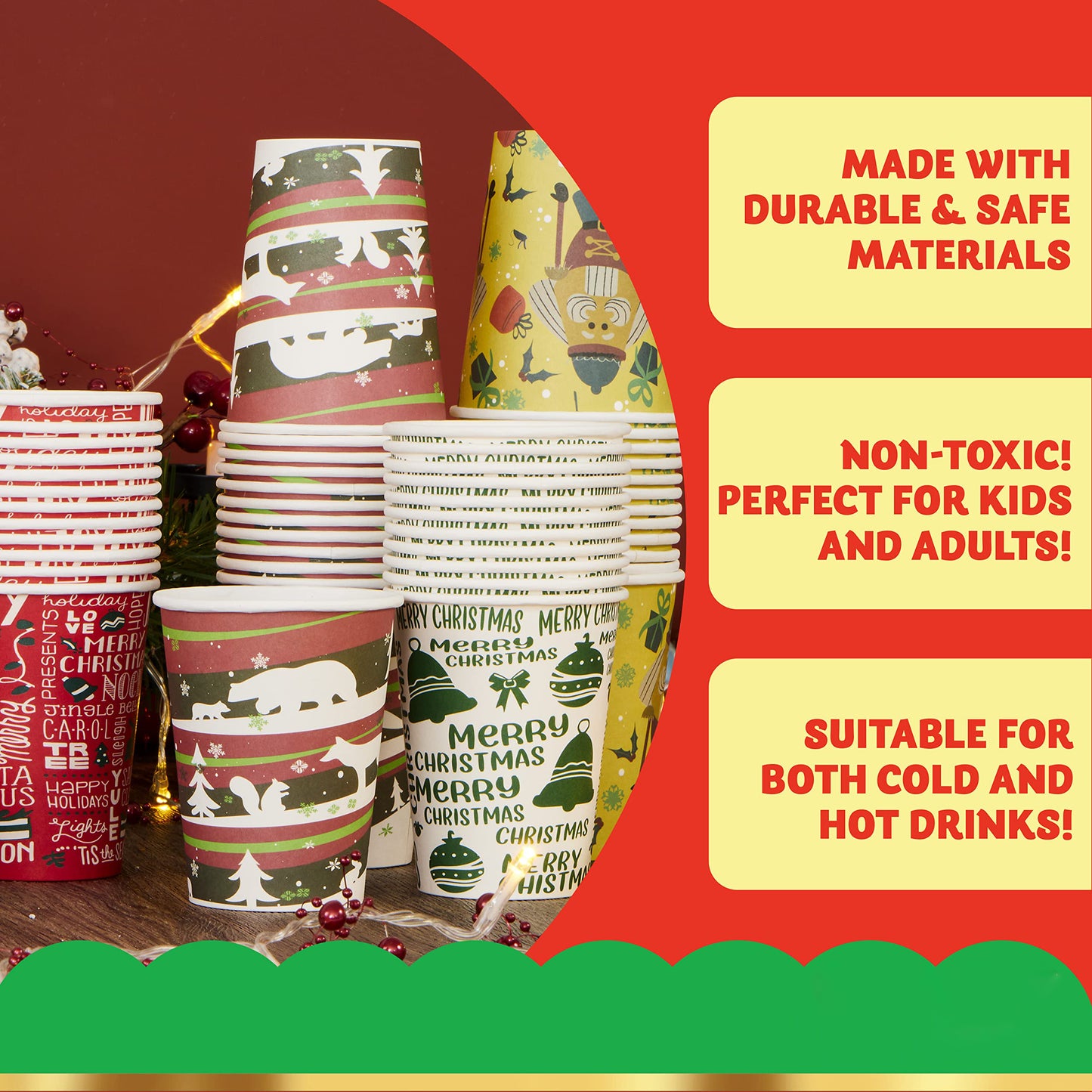Joyfy 48 Pcs Christmas Paper Cup with Holiday Design, 9 oz Xmas Disposable Dinnerware Cups Party Supplies for Hot and Cold Beverages, Coffee Cups