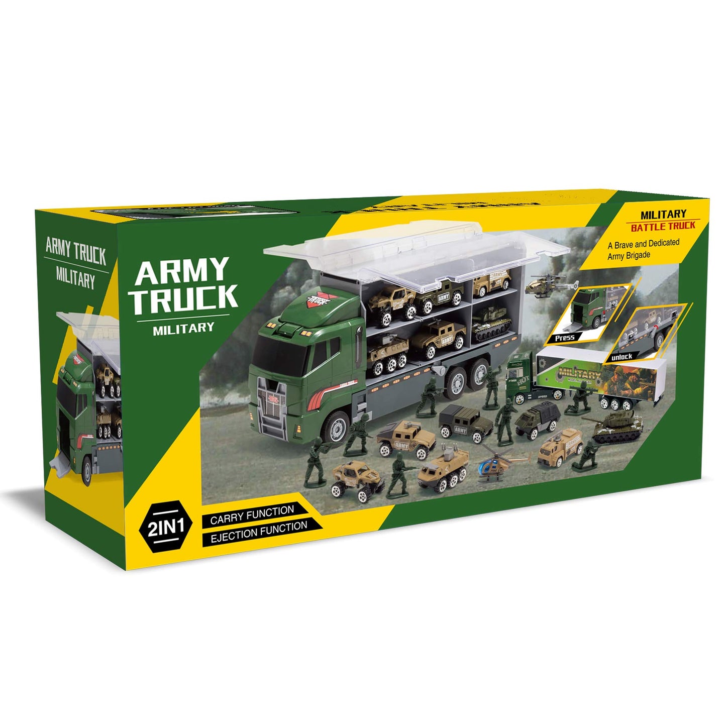 SYNCFUN 19 in 1 Die-cast Army Toy Truck, Mini Military Vehicles in Carrier Truck with Army Men Action Figures, Toys for Boys 3-6-9 Years Old