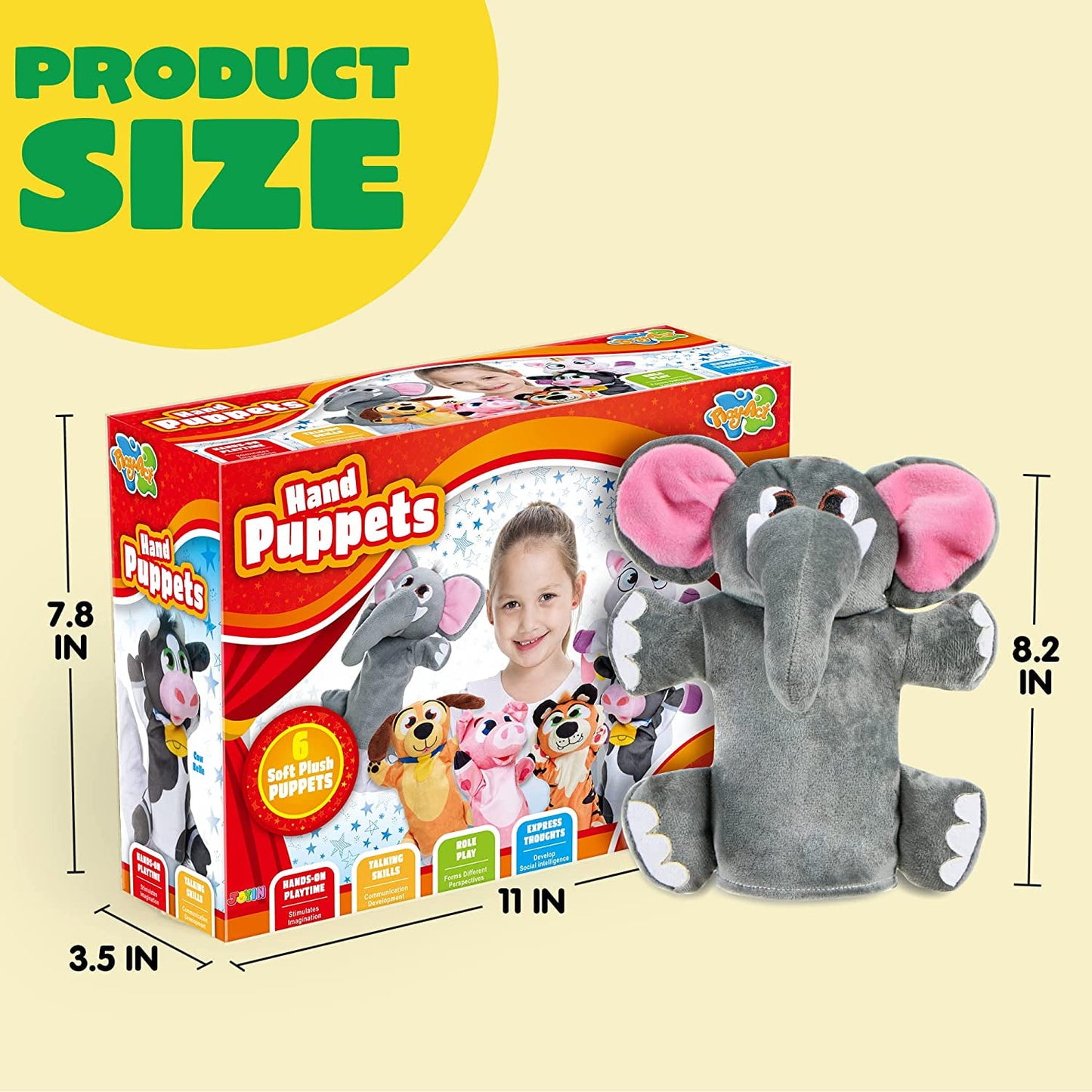 Toy Animal Friends Deluxe Hand Puppets 6 Pack for Imaginative Play, Stocking, Birthday Party Favor Supplies, Girls, Boys, Kids and Toddler