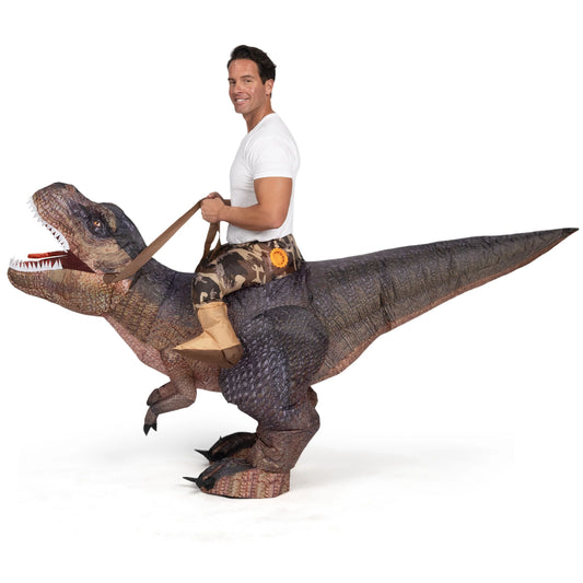 Joyfy T-Rex Inflatable Costume Adult Air Blowing Costume Brown Digital Printed Ride-On Dinosaur Costume for Halloween Dress up Party