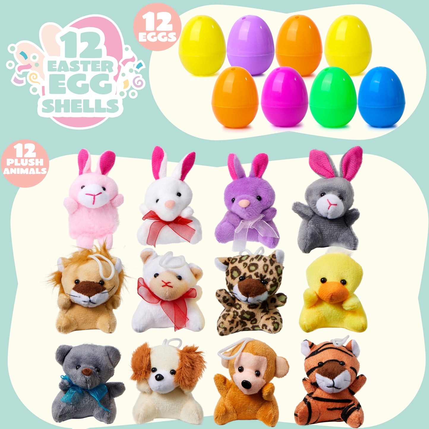24 Pcs Prefilled Easter Eggs Set ( 12 Plush and 12 Eggs),Easter Eggs with Mini Stuffed Animals Plush Toys for Kids Toddler,Easter Basket