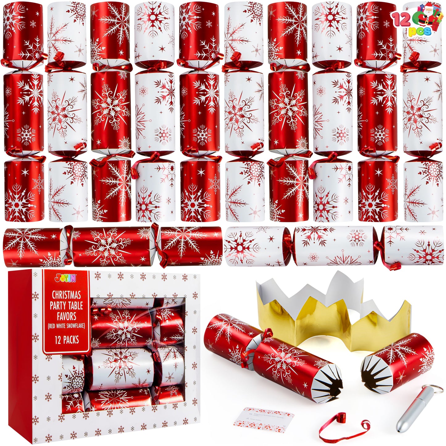 Joyfy 12 Pcs Christmas Crackers Party Favor Non-Snap Red & White Snowflake Design for Kids