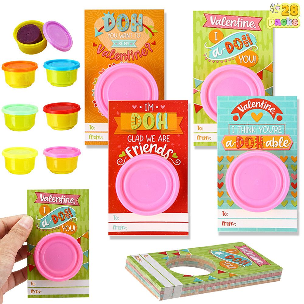 28 Pcs Valentines Day Gift Cards with Colorful Playing Dough for Kids Valentine Party Favors, Valentine's Classroom Exchange