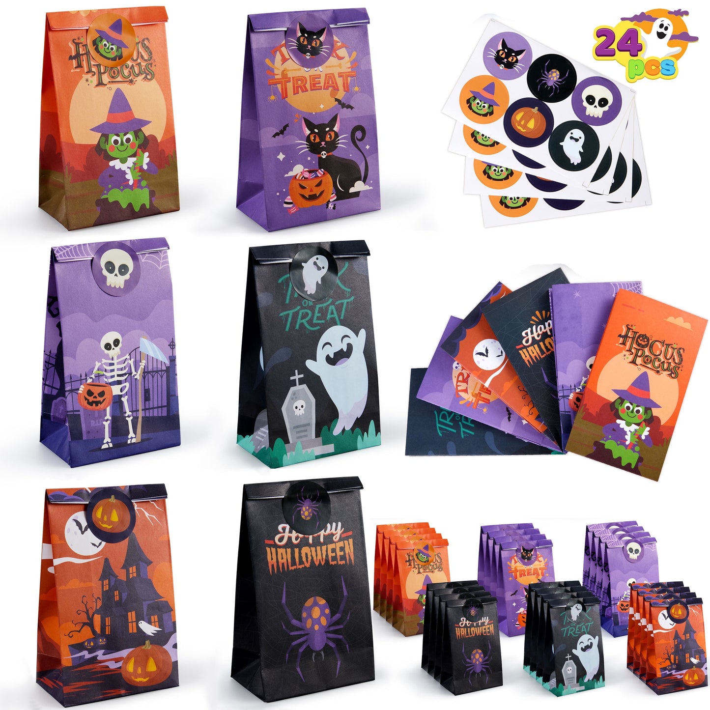 Joyfy 24 Pcs Halloween Treat Bags with Sticker,Goodie Bags Paper Halloween Candy Bags Trick or Treat Creepy Designs Halloween Bags for Kids Trick or Treat,Classroom Goody Bags