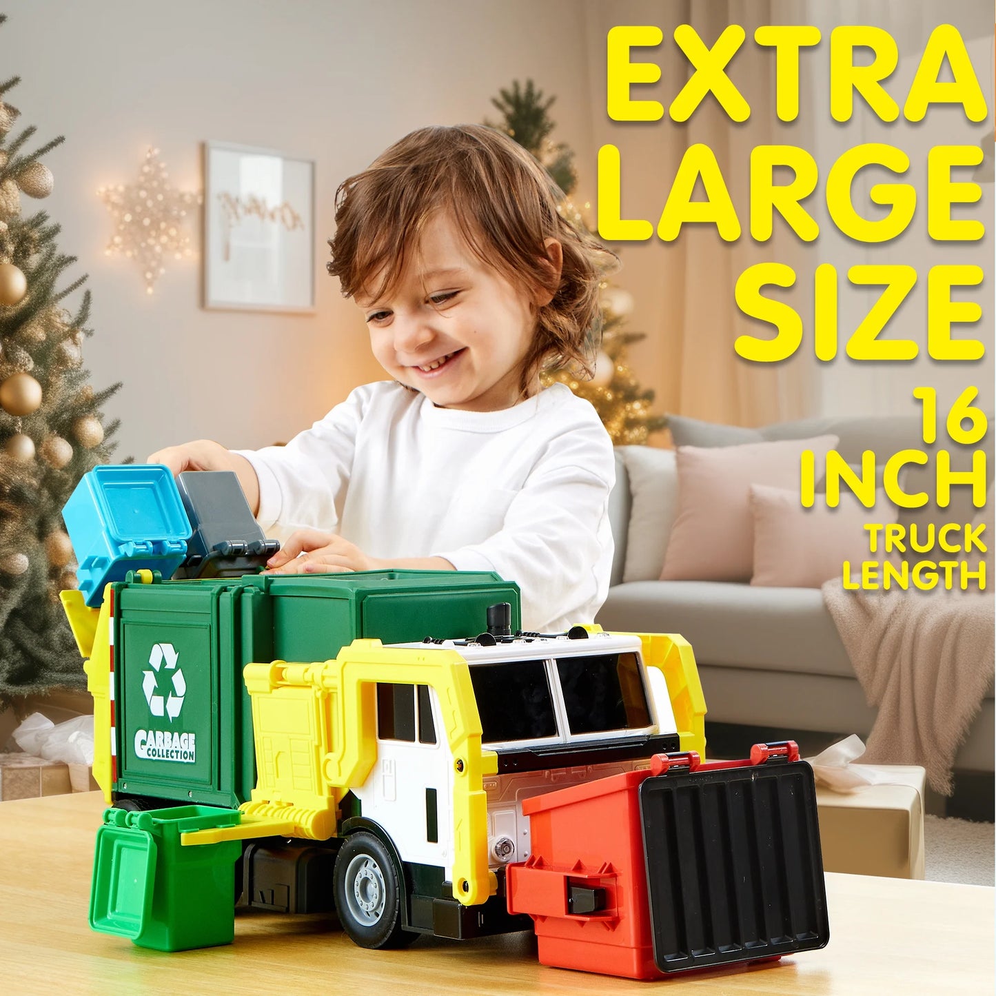 SYNCFUN Garbage Truck Toys for Boys, 16" Large Trash Truck Toys with Dumpster and Trash Bins, Play Vehicle Toys for Kids Age 2 3 4 5 6 Years Old