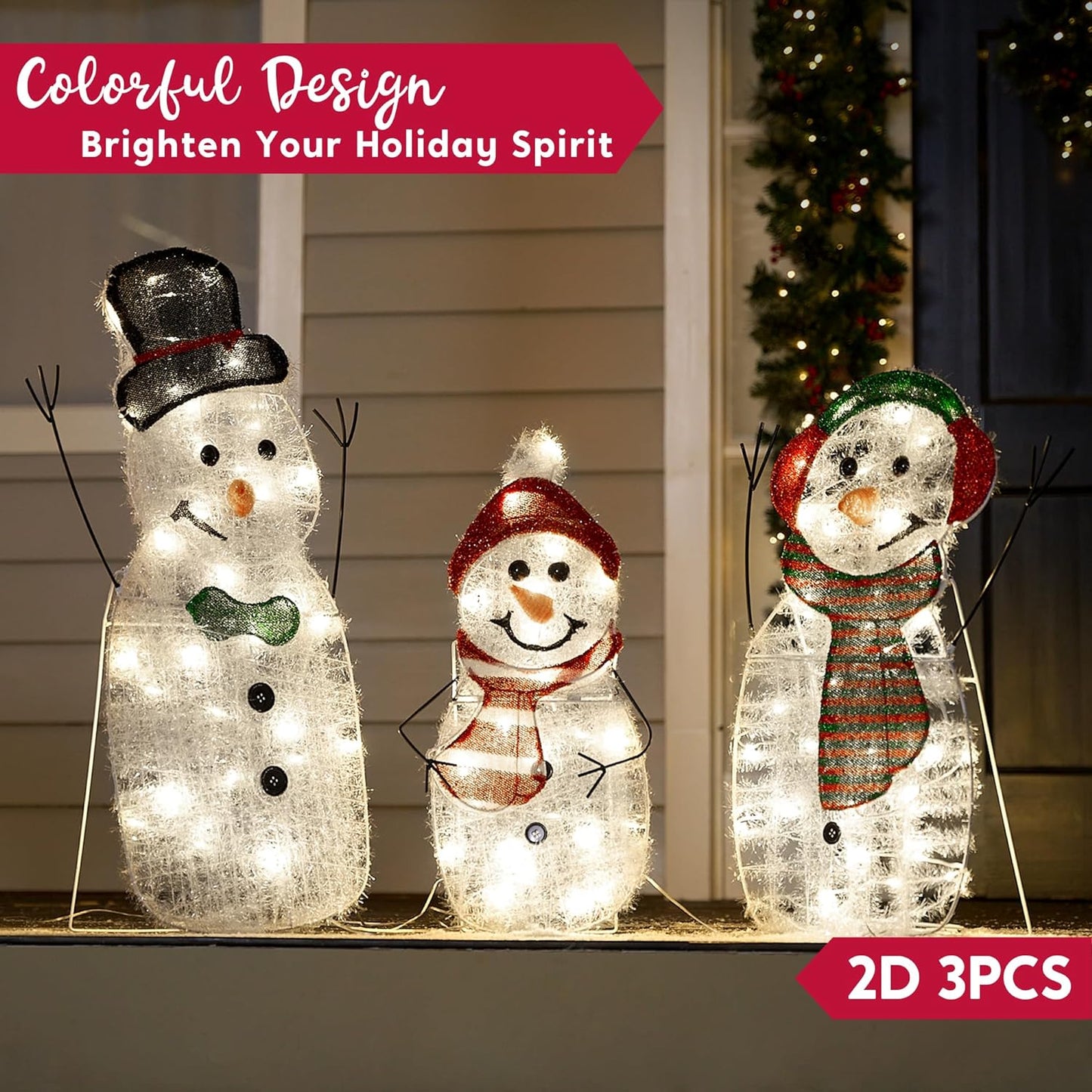 SYNCFUN 3 Pcs Snowman Family Yard Light Christmas Outdoor Decorations,2D 90 Pre-Lit LED Snowman Christmas Decorations,Christmas Yard Light with Stakes Holiday Decor