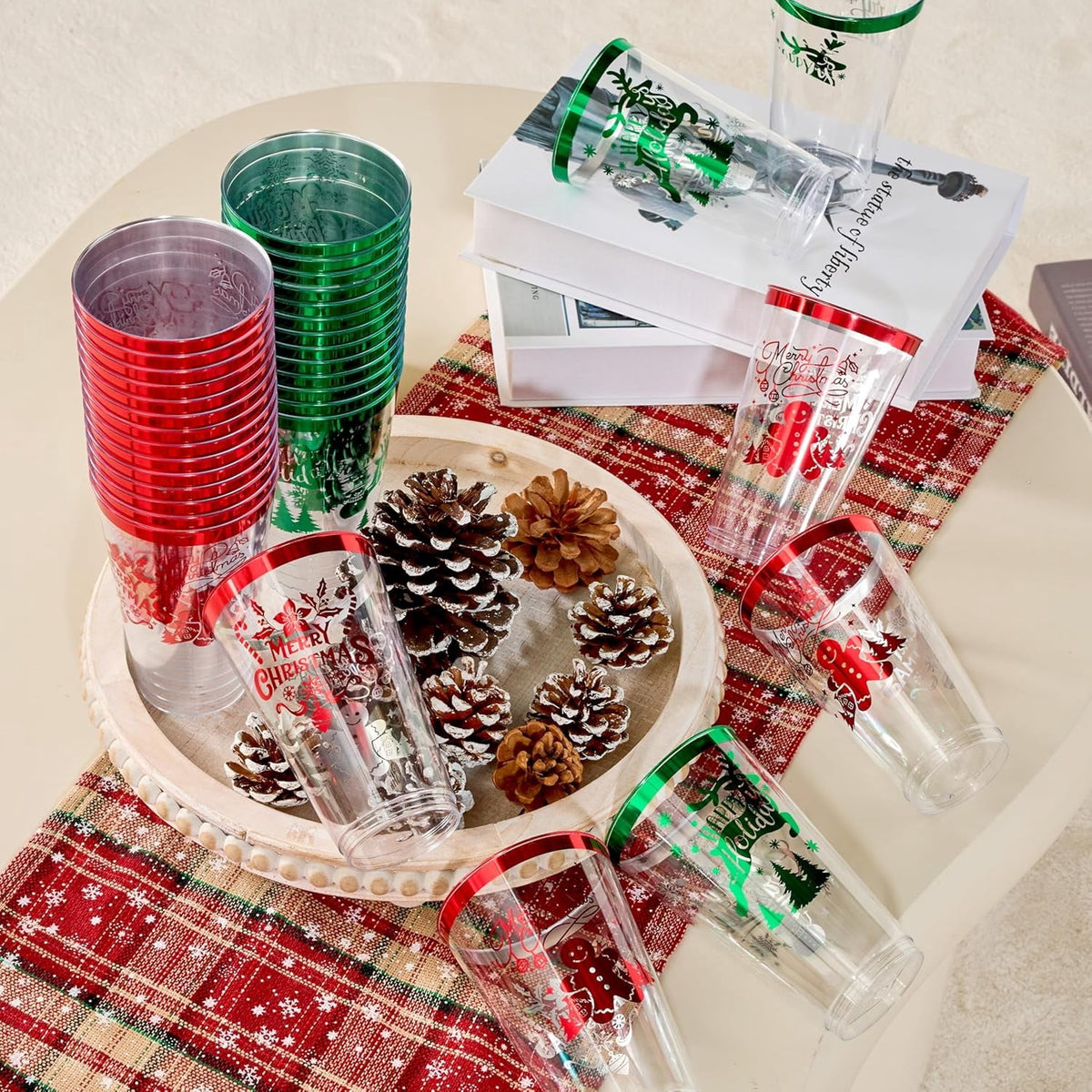 Joyfy 36 Pcs Christmas Plastic Cups,16 OZ Clear Red and Green Plastic Drinking Cups, Christmas Cups Disposable for Xmas Party Supplies