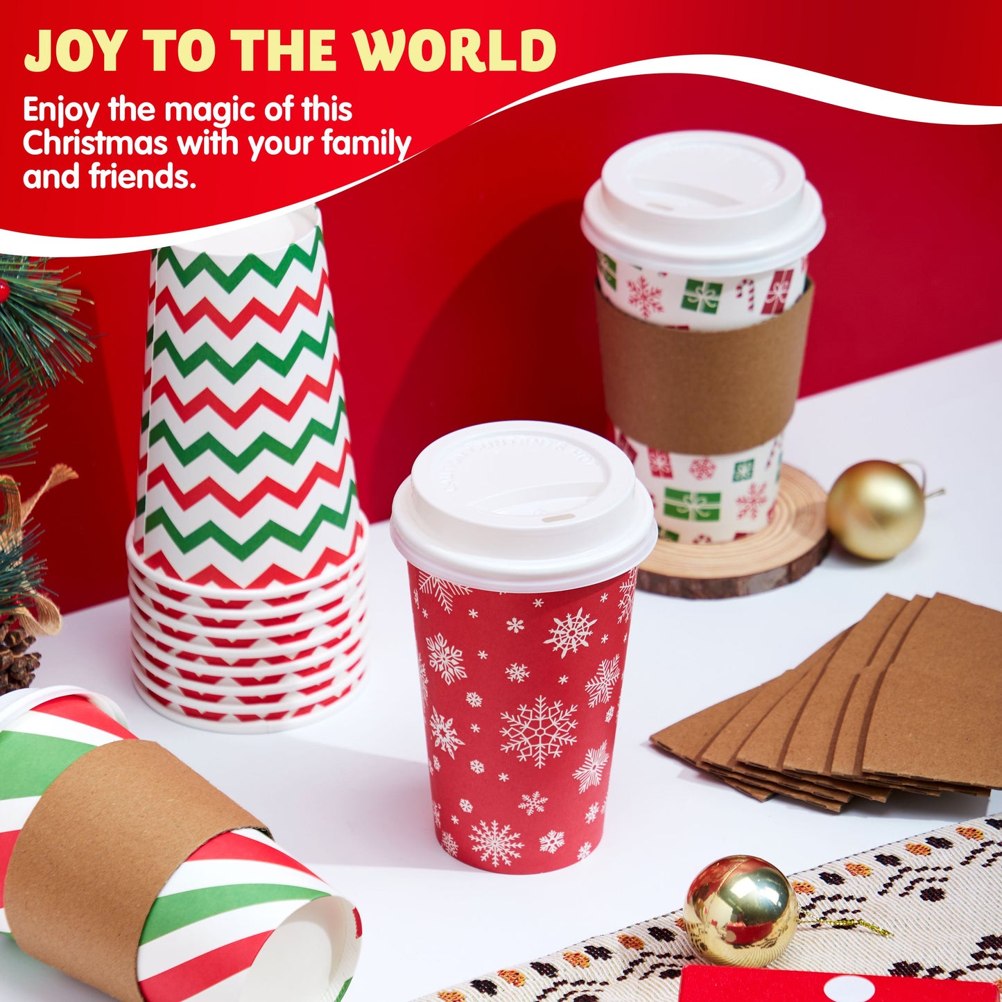 Joyfy 72 Pcs Christmas Disposable Paper Cups, 16 oz Xmas Dinnerware Cups With Cup Sleeves and Lids, 6 Designs Hot/Cold Beverages Tableware for Holiday Party Supplies