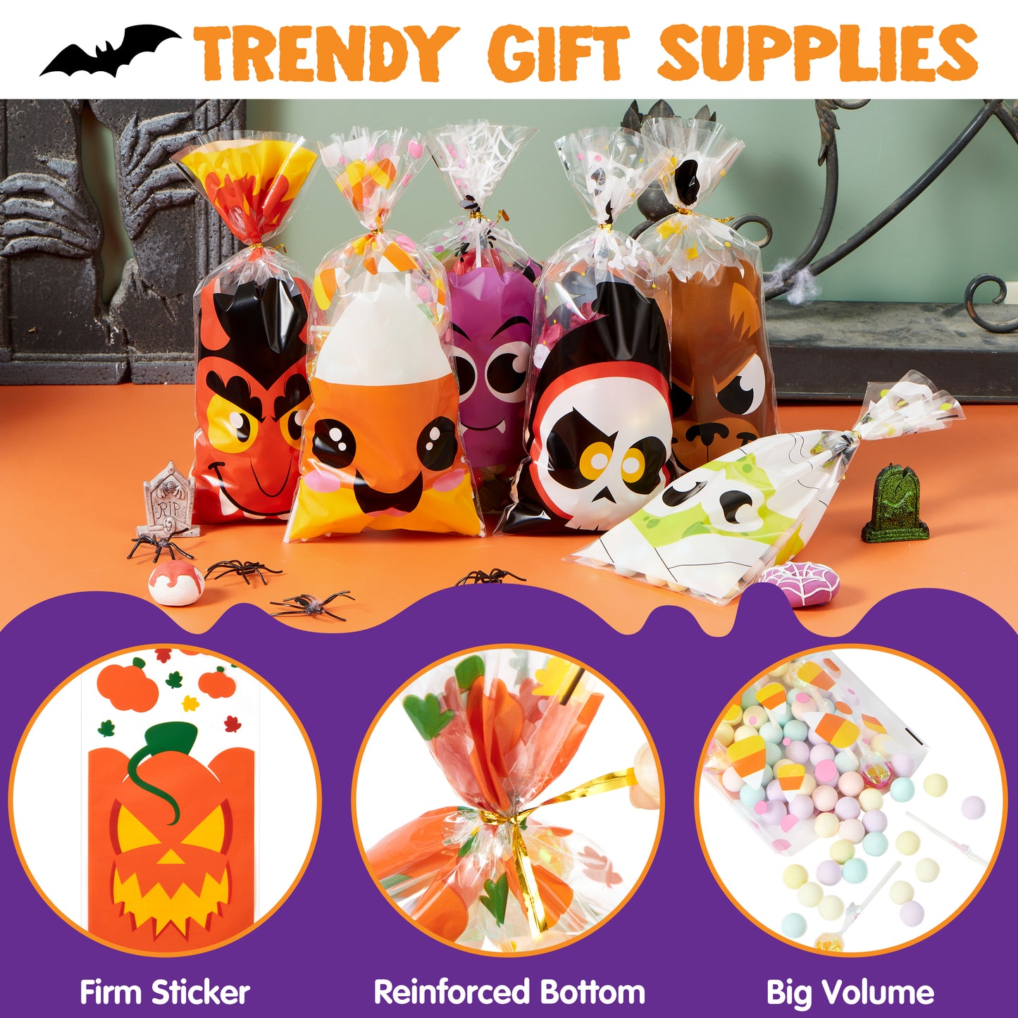SYNCFUN 108 Pcs Halloween Treat Bags Cellophane Bags with Twist Ties,Goodie Bags for Snack Cookie Candy,Halloween Gift Trick or Treat Bags,Halloween Party Supplies