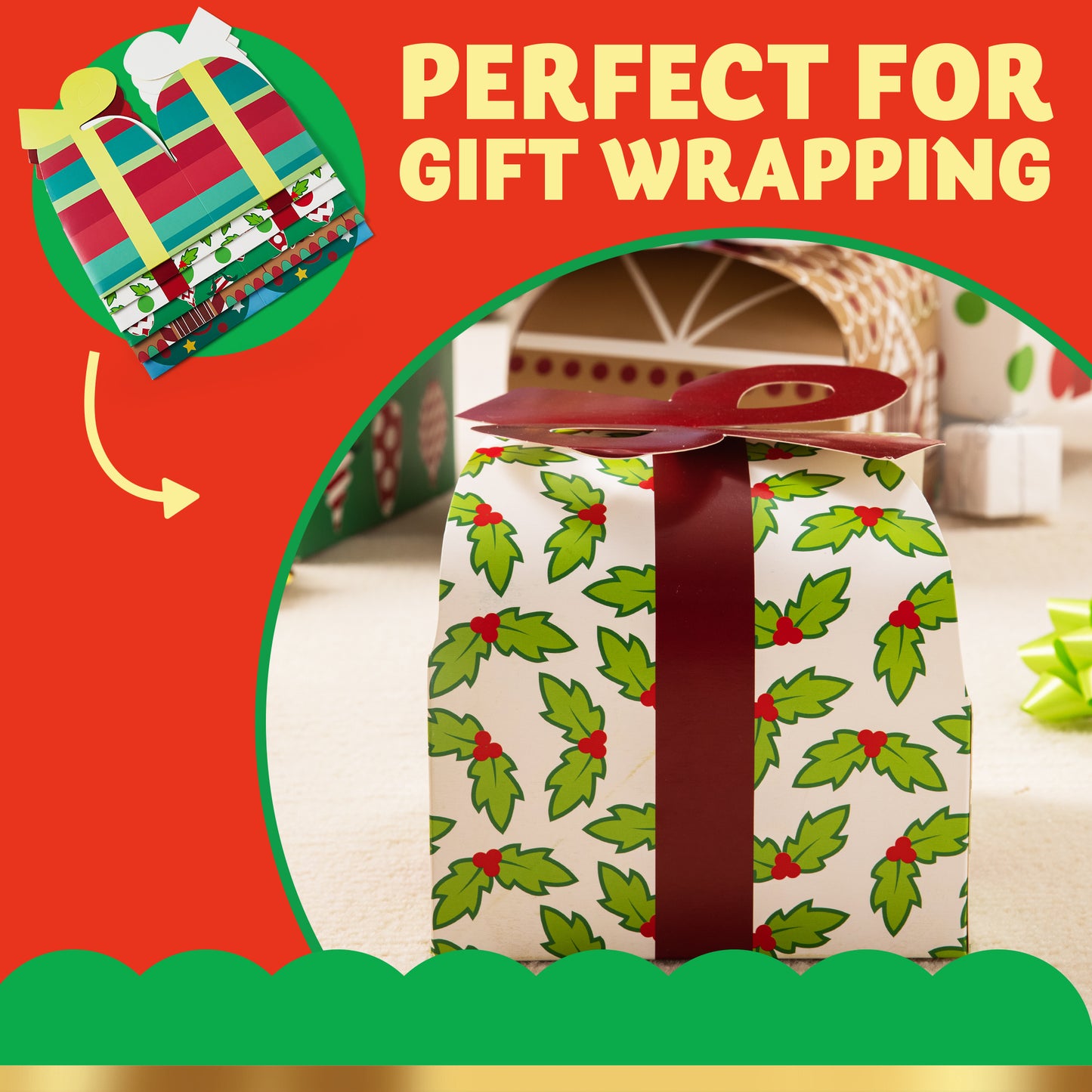 Joyfy 24 Pcs 3D Christmas Goody Gift Boxes with Bow for Holiday Xmas Goodie Paper Boxes, School Classroom Party Favor Supplies, Candy Treat Cardboard Cookie Boxes