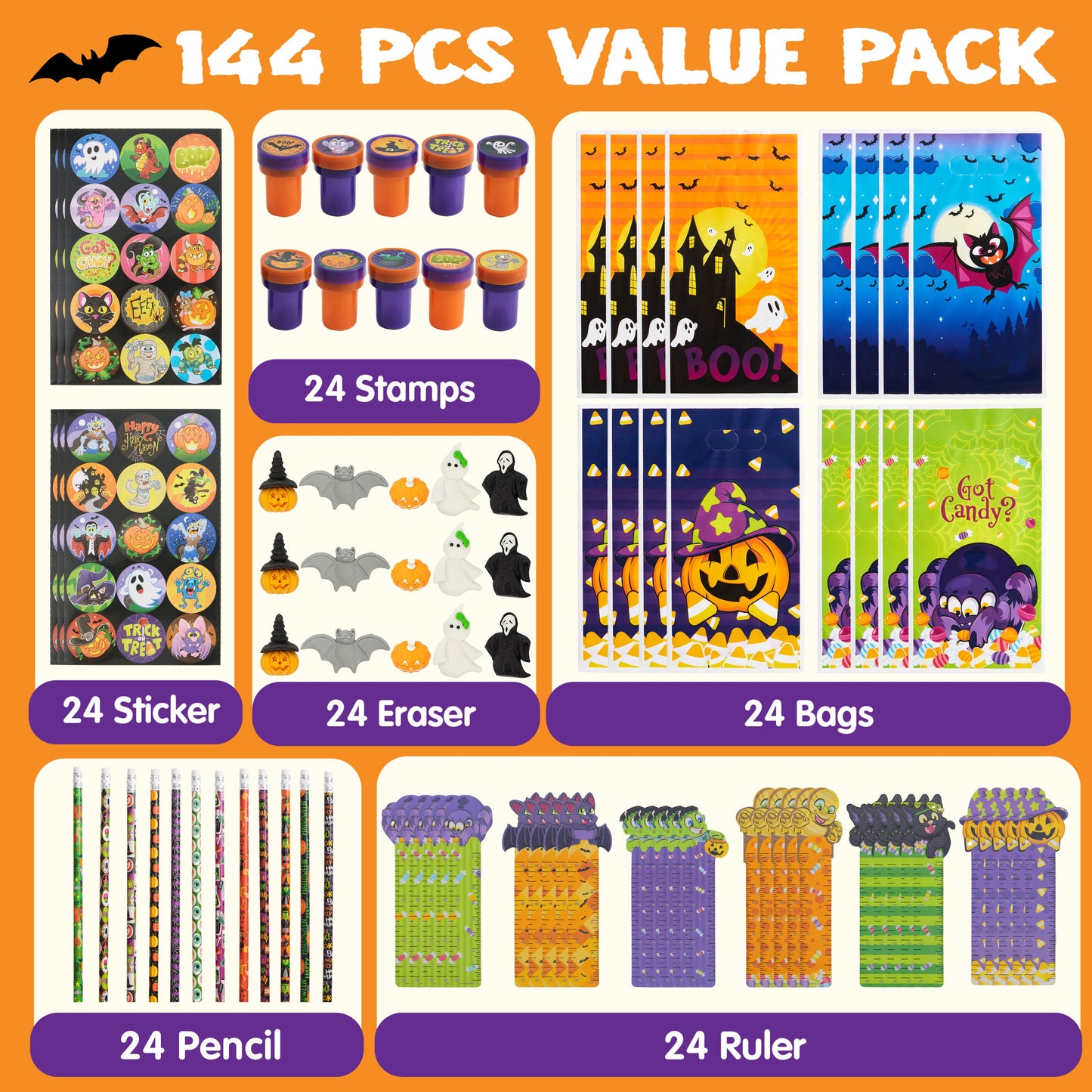 Joyfy 144 Pcs Halloween Stationery Set for Kids,Halloween Pencils Stickers Erasers Stamps Party Favors,Halloween Trick or Treat Bags,Halloween Gifts for Kids,Classroom Favors