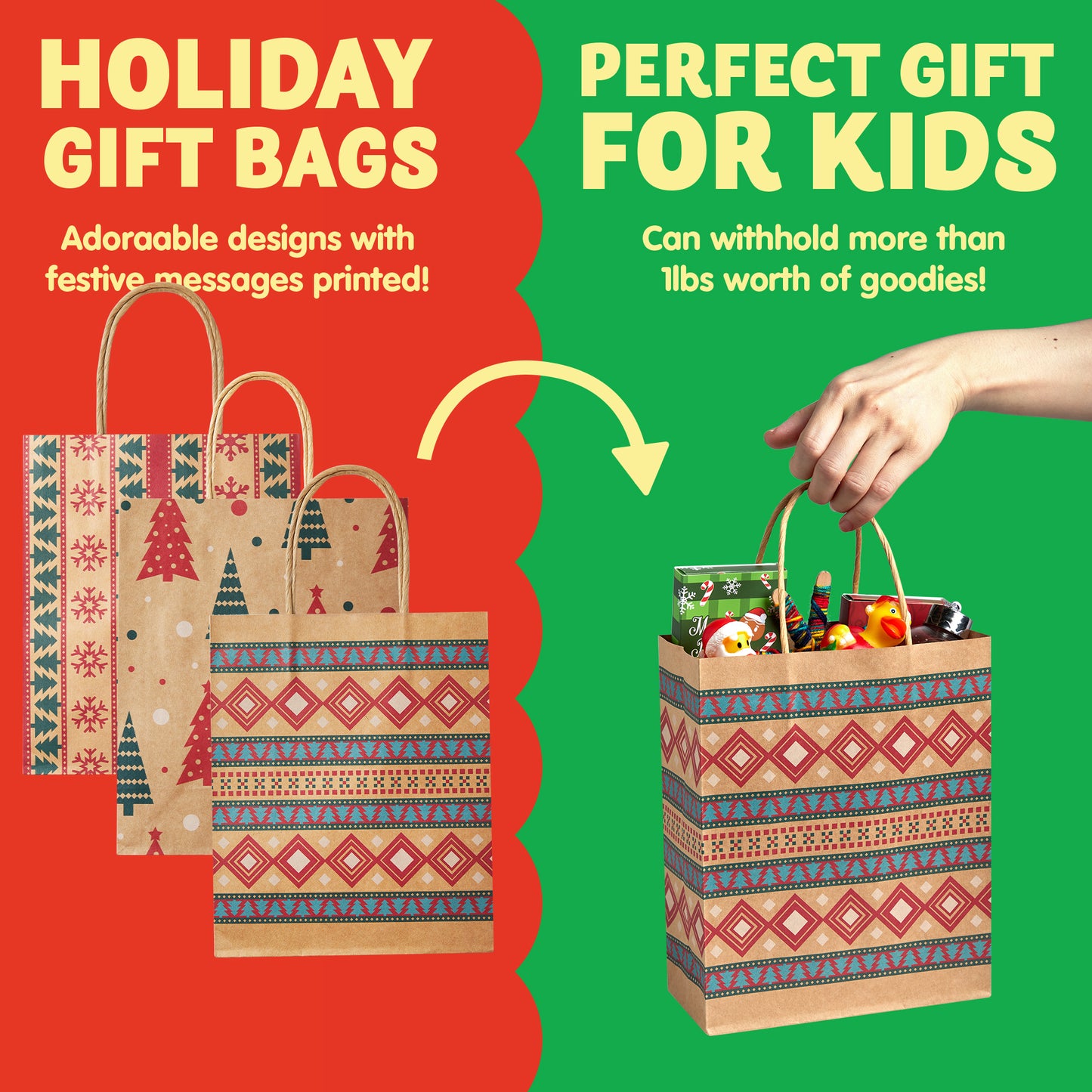 Joyfy 48 Pcs Christmas Present Bags, Kraft Bags with Handle for Christmas Party Favors, Gift Giving, Holidays Decorations, Xmas Treat Bags