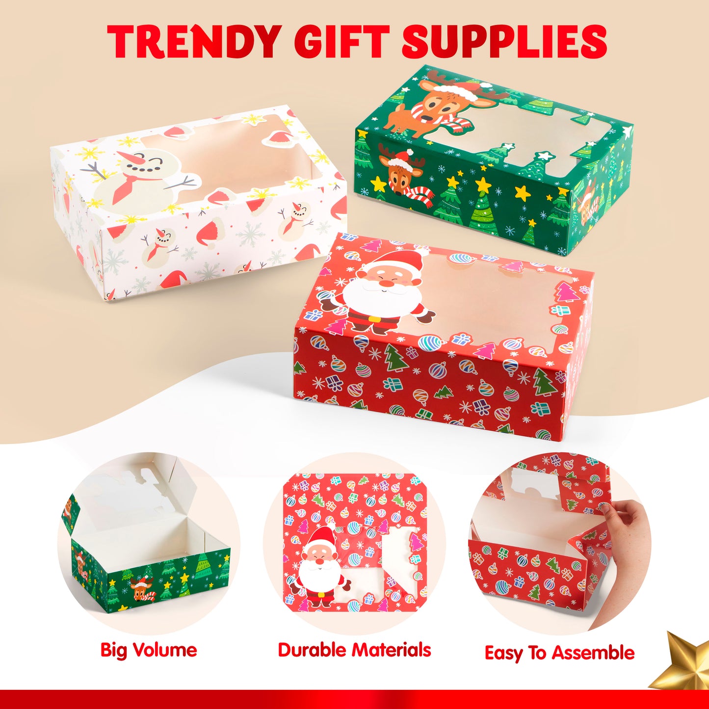 SYNCFUN 24 Pcs Christmas Foil Treats Cookie Gift Box 8.75" x 5.75" x 2.75" Colorful Pattern with Window for Pastries, Cupcakes, Cookies, Brownies, Donuts Gift Giving