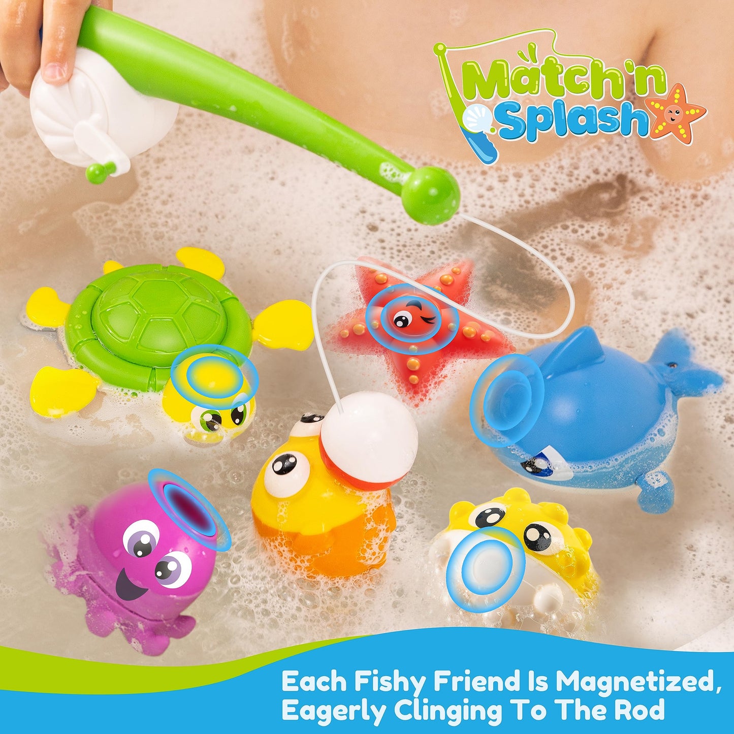 JOYIN Baby Bath Toy Set - Magnetic Fishing Toy with Fishing Rod, Wind-up Shark and Turtle, Mold-Free Soft Puffer & Clown Fish, Spinning Octopus and Starfish - Sensory Development for Infants & Toddler