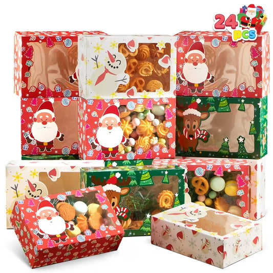 Joyfy 24 Pcs Christmas Foil Treats Cookie Gift Box 8.75" x 5.75" x 2.75" Colorful Pattern with Window for Pastries, Cupcakes, Cookies, Brownies, Donuts Gift Giving