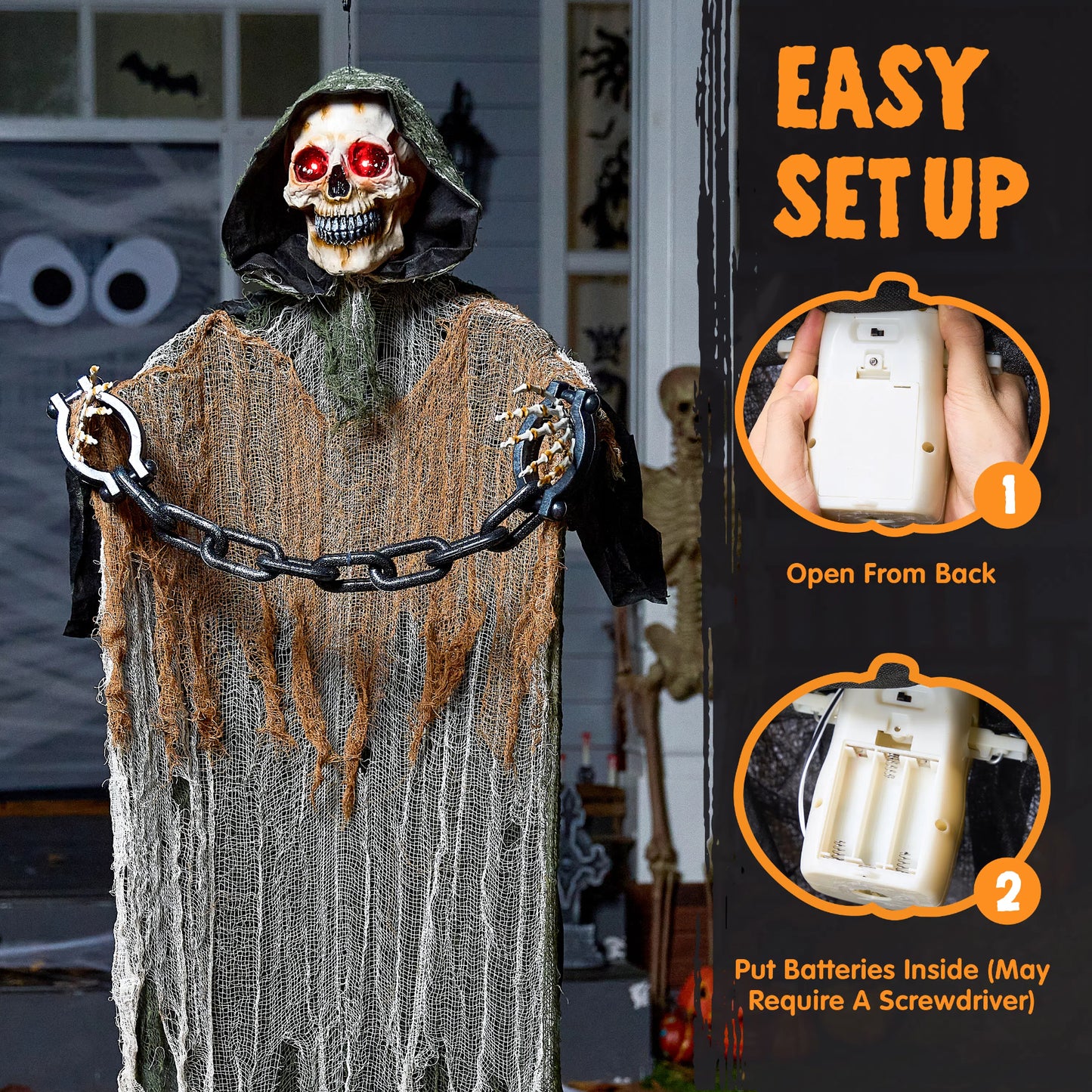 Syncfun 67 Inch Halloween Hanging Ghosts,Scary Lighted Eyes Animated Grim Reapers with Chain Decorations for Halloween Hanging Decorations Indoor Outdoor Yard Home Decorations