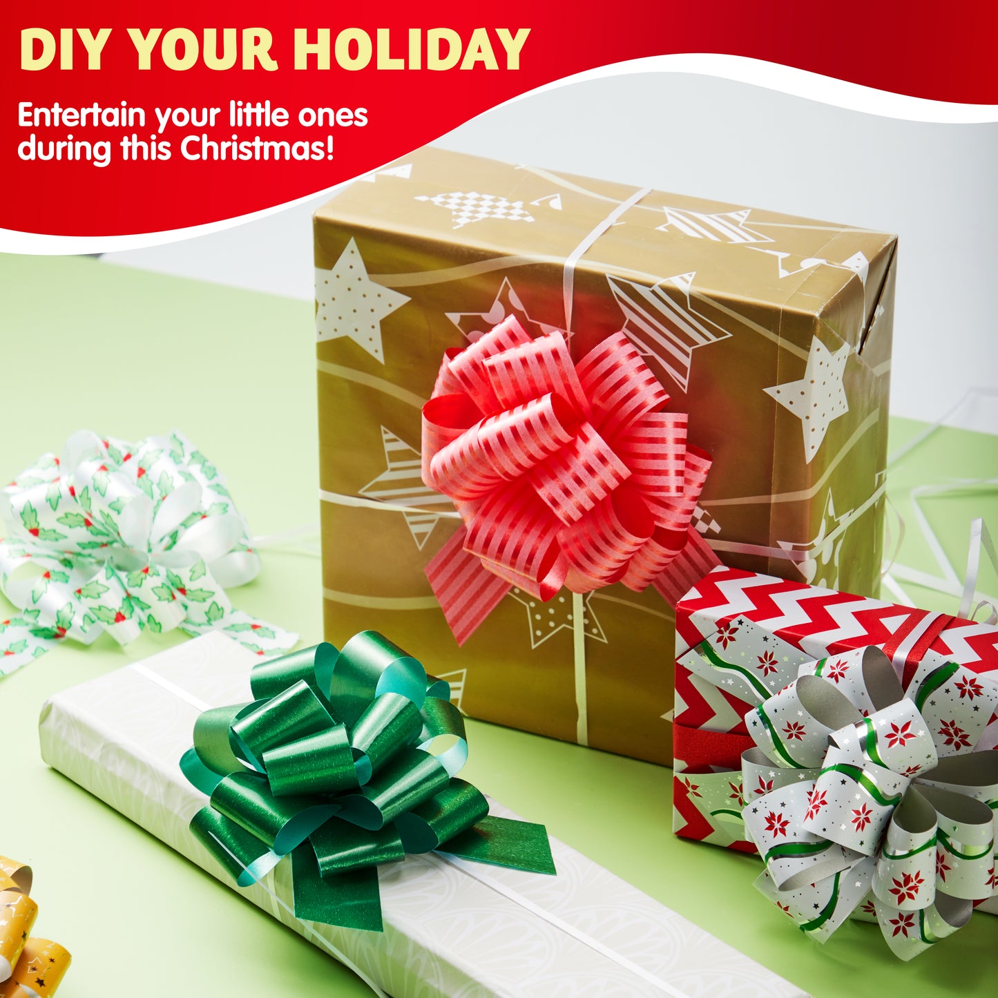 Joyfy 24 Pcs Christmas Pull Bows Present Wrap Ribbon(4.7" Wide), Easy and Fast Gift Wrapping Accessory for presents, Bows, Baskets, Wine Bottles Decoration, Gift Wrapping and Decoration Present