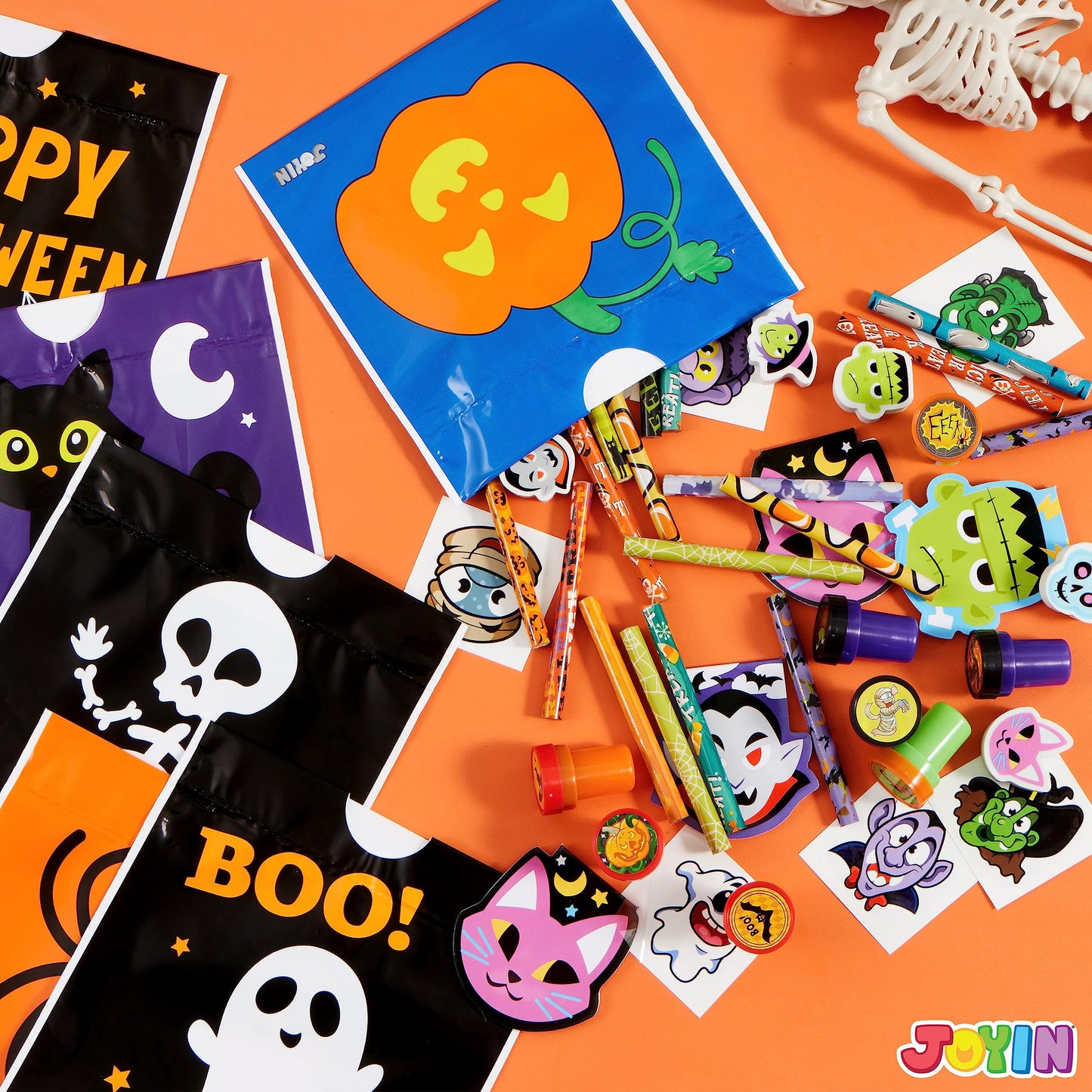 SYNCFUN 168 Packs Halloween Stationery Party Favors,Halloween Gifts for Kids,Halloween Goodies Including Halloween Trick or Treat Bags,Notepads,Stamps,Pencils,Stickers and Tattoos