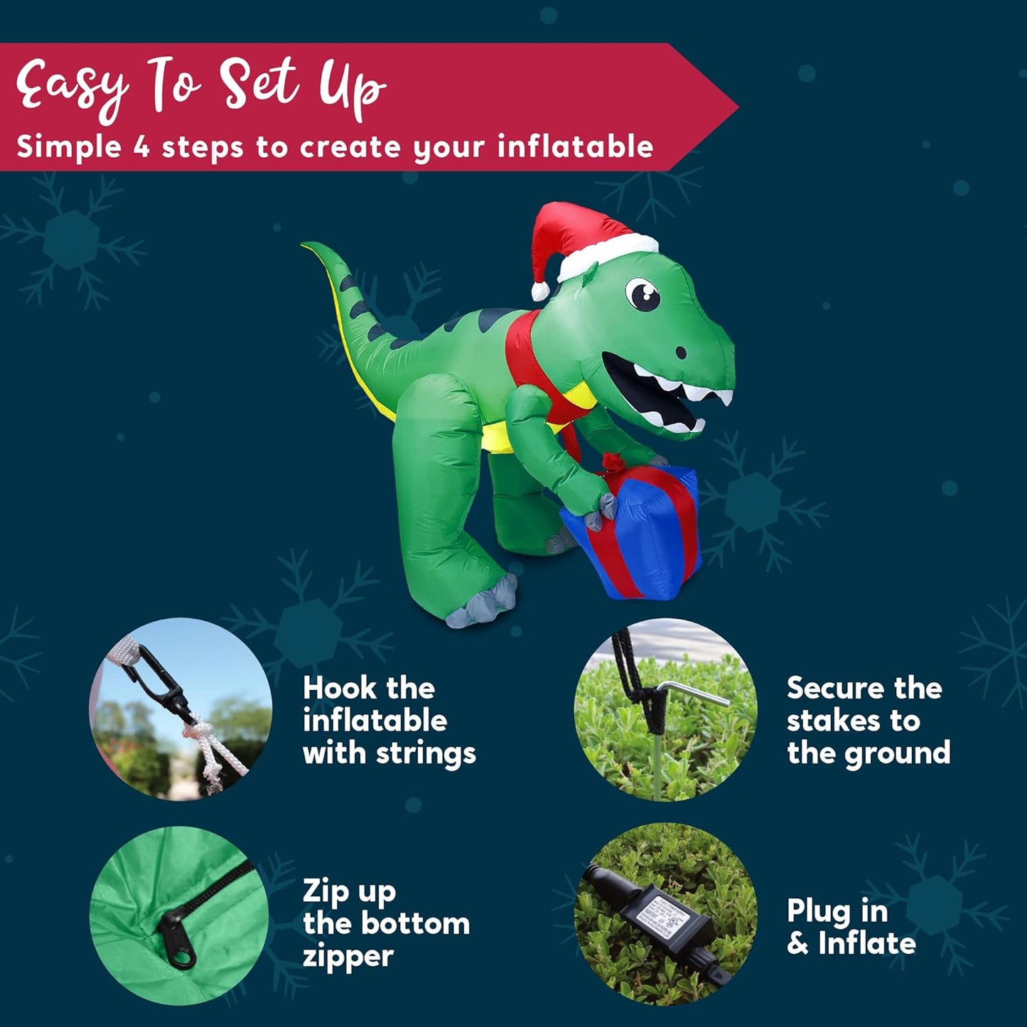 Joyfy 5 FT Christmas Inflatables Dinosaur Outdoor Decorations,Christmas Dinosaur with Gift Box Blow Ups Yard with Built-in LEDs for Holiday Party Garden Lawn Decor