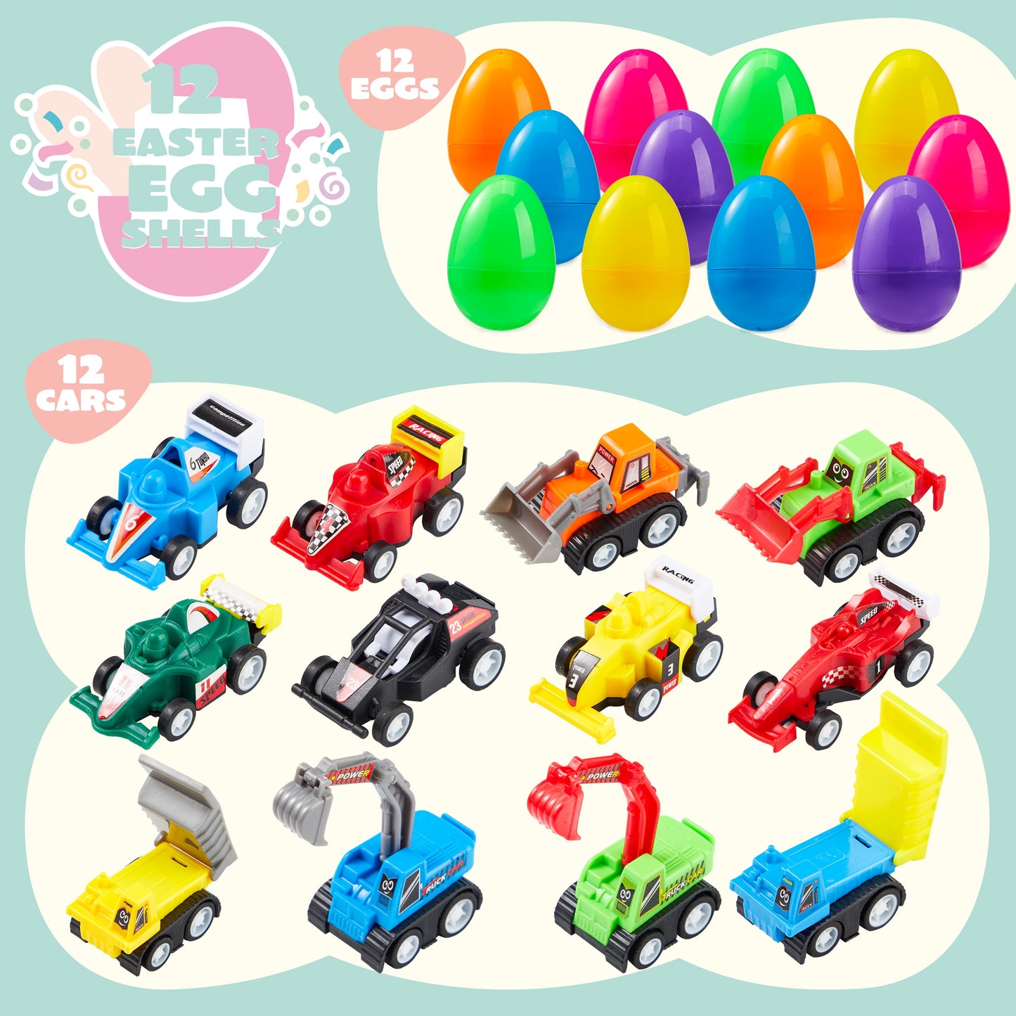 24 Pcs Toy Filled Easter Eggs(12 Cars and 12 Eggs),Easter Eggs with Toys Inside,Birthday Party Favors for Boys and Girls,Basket Stuffers