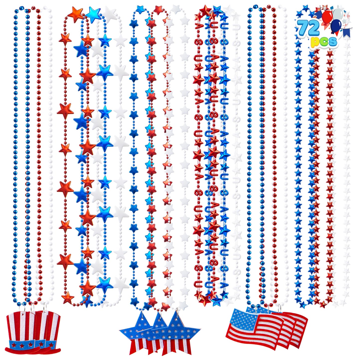 72 pieces of patriotic bead necklace combination for July 4th, loose, red, white, blue bead star bead necklace with pendant, loose for Independence Day parade, dress up accessories