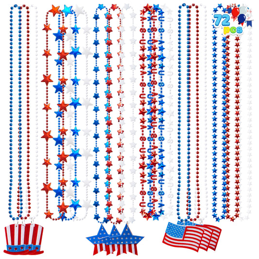 72 pieces of patriotic bead necklace combination for July 4th, loose, red, white, blue bead star bead necklace with pendant, loose for Independence Day parade, dress up accessories