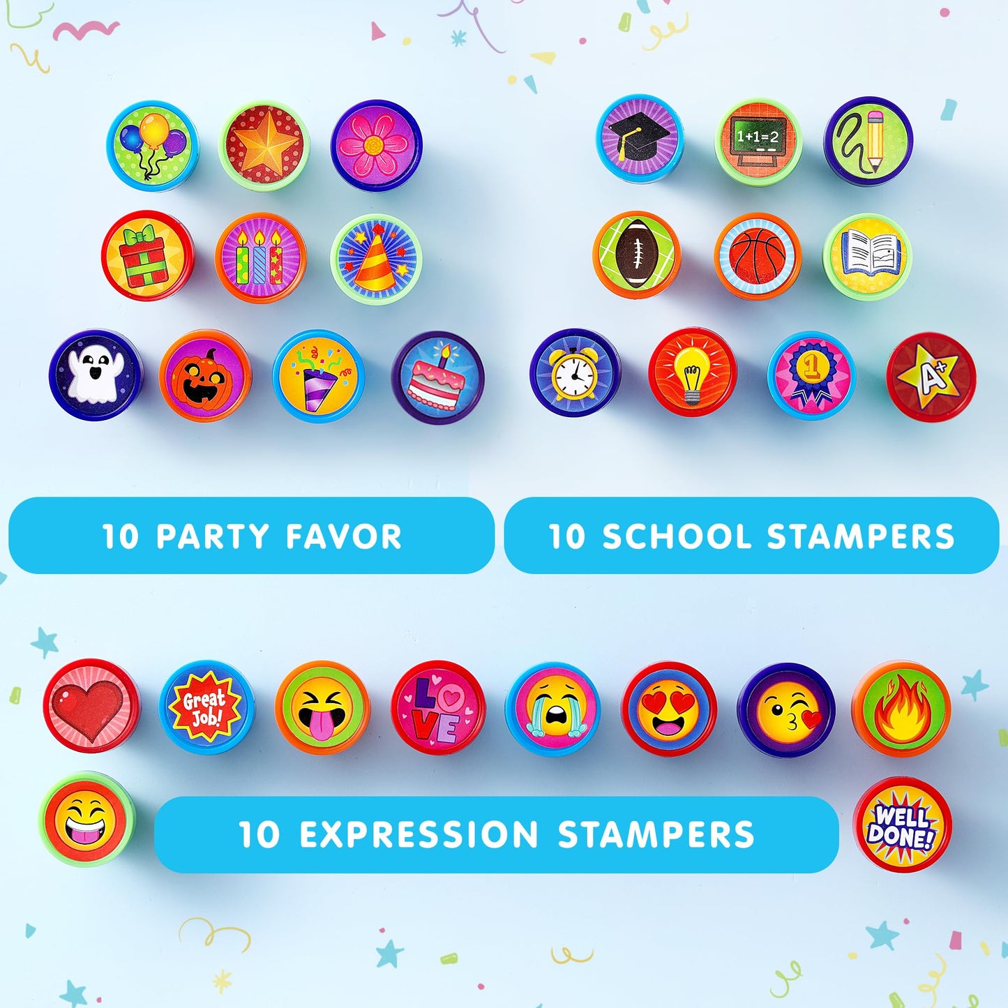 Joyfy 50 Pcs Assorted Stamps for Kids, Self-Ink Stamps with 50 Designs for Birthday Party Favor, Carnival Prizes, School Stampers, Goodie Bag, Halloween, Christmas