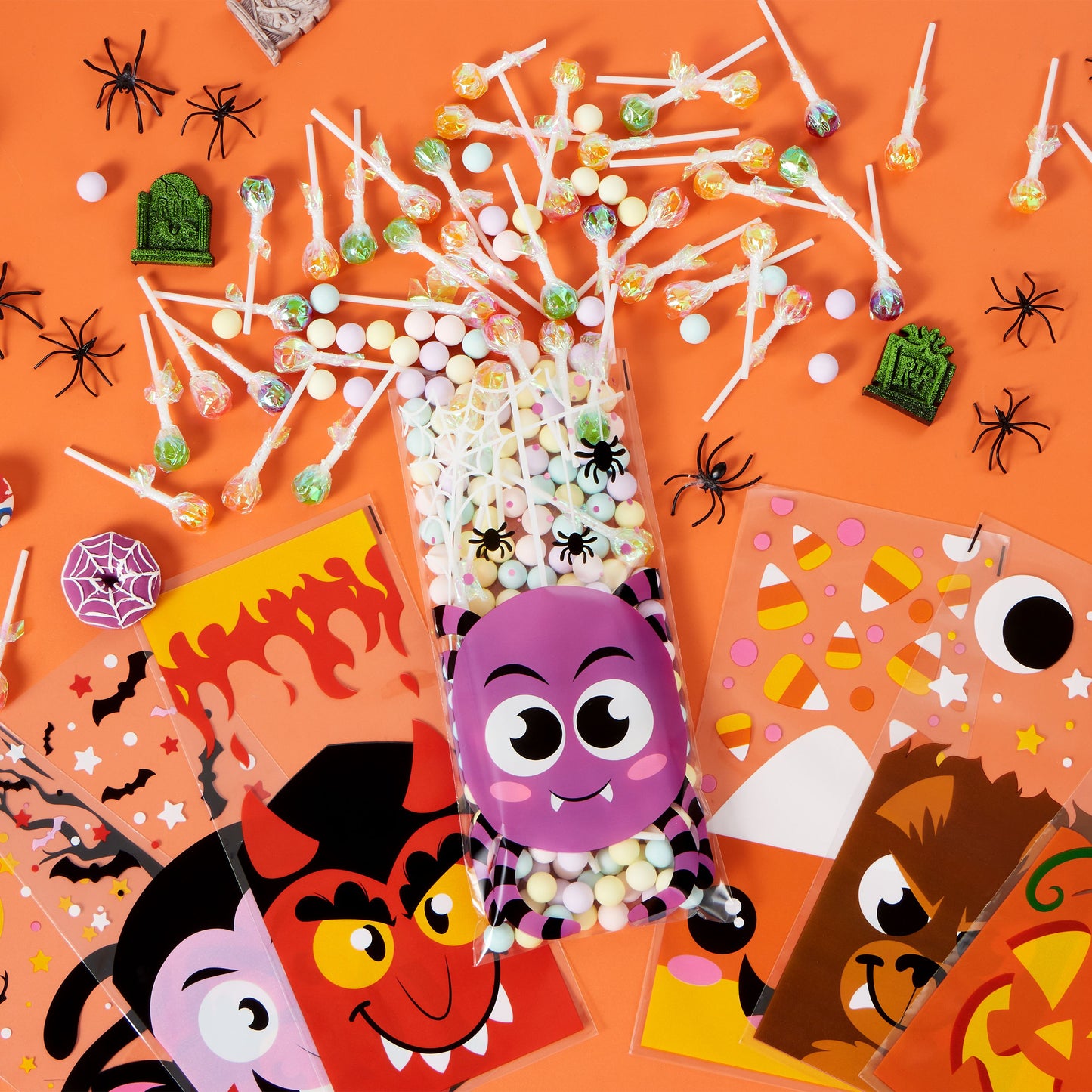 SYNCFUN 108 Pcs Halloween Treat Bags Cellophane Bags with Twist Ties,Goodie Bags for Snack Cookie Candy,Halloween Gift Trick or Treat Bags,Halloween Party Supplies