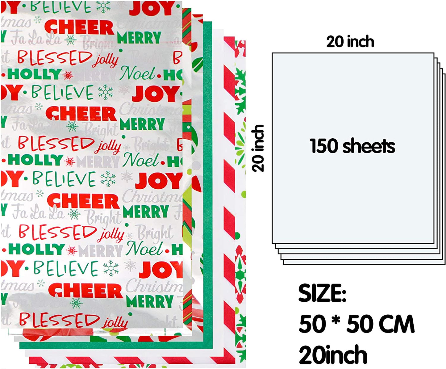 SYNCFUN 150 Sheets Christmas Tissue Paper Bulk 20"x 20" Assorted Hologram & Prints Easy and Fast Holiday Gift Wrapping for Party Favors Goody Bags, Xmas Presents Wrapping Stocking Stuffers