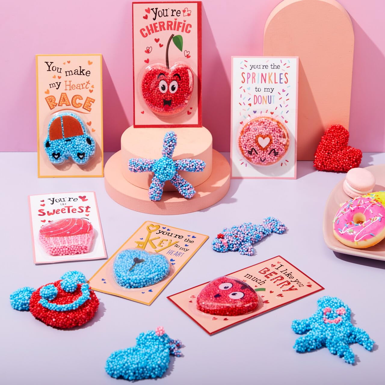 12 Pcs Valentines Foam Squishy Toys for Kids, Fun Gifts Stress Relief Fidget Toys for Valentine Party Favors, School Class Exchange Cards