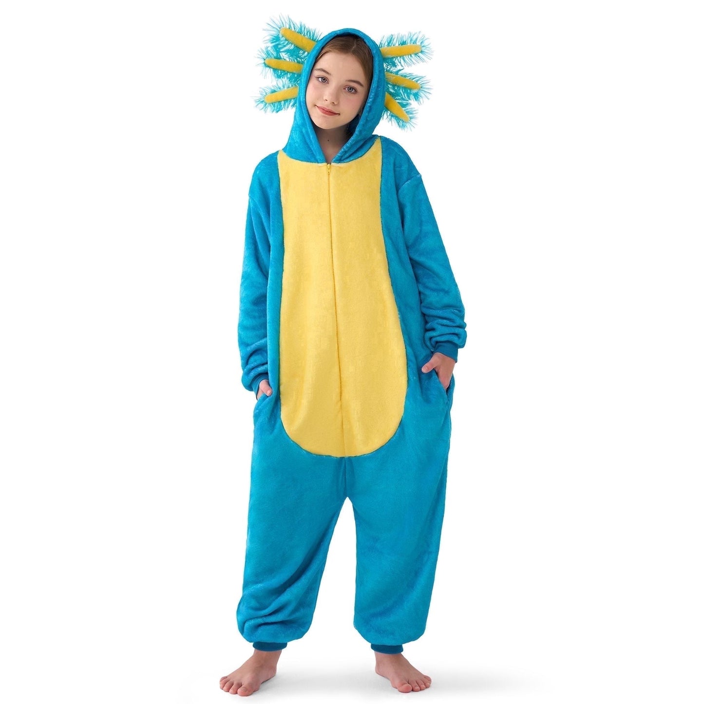Joyfy Halloween Axolotl Costume for Kids, Zip Up Hooded Jumpsuit Pajama for Halloween Themed Party