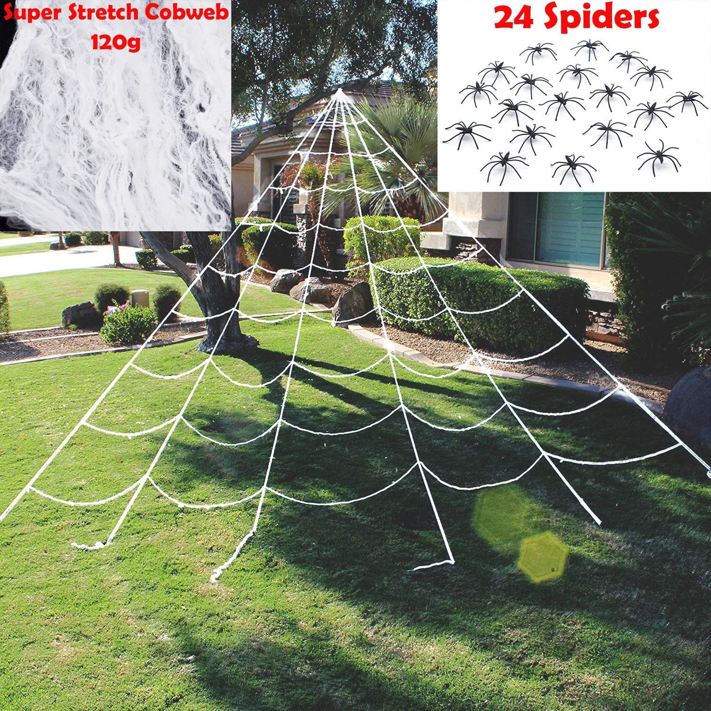 JOYIN Halloween Huge Triangular White Spider Web with 24 Spiders and 120g Super Stretch Cobweb Outdoor Decorations for Outdoor Halloween Decor Yard