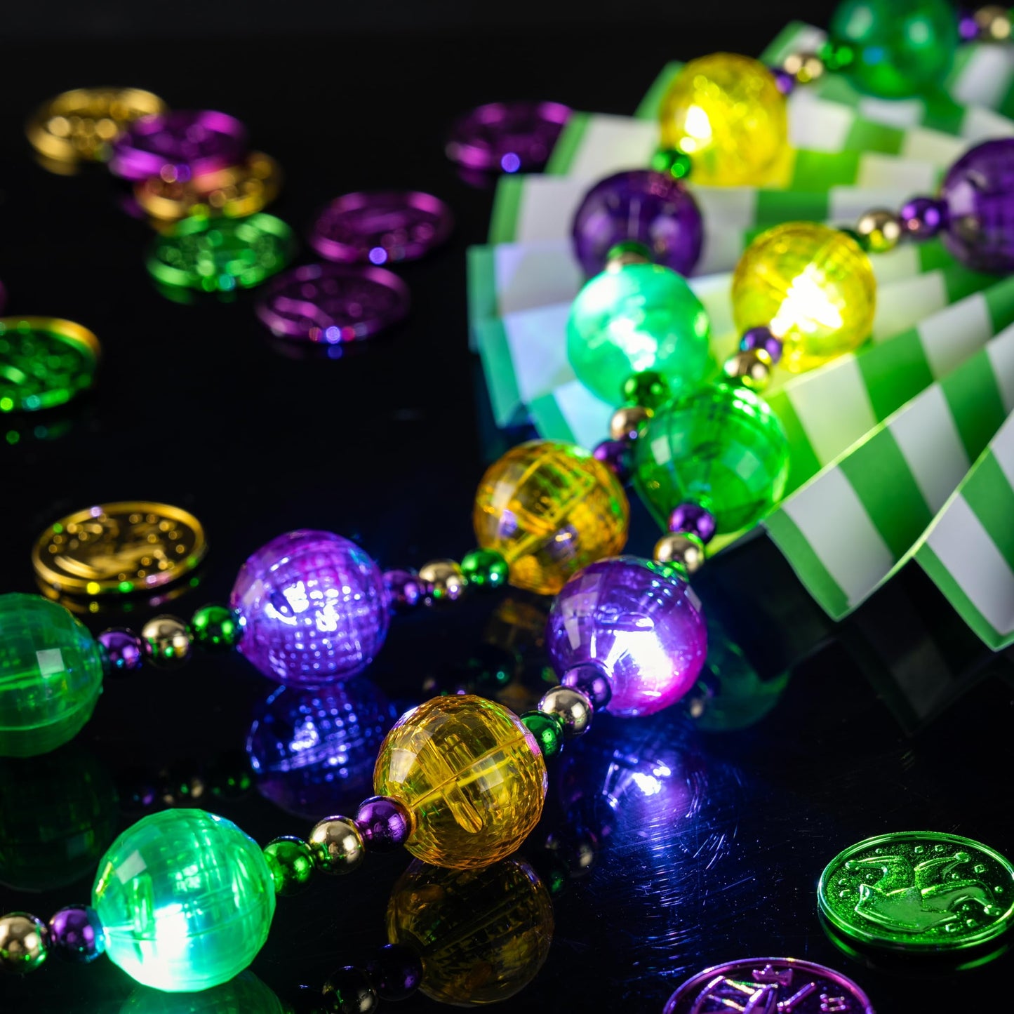 41 inch LED Carnival Giant Bead Necklace, Gold Green Purple Luminous Necklace