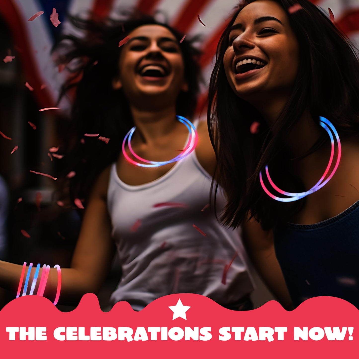 72 July 4th glow sticks, loose, with connectors, red, white, and blue glow sticks, children's and adult glow bracelets and necklaces