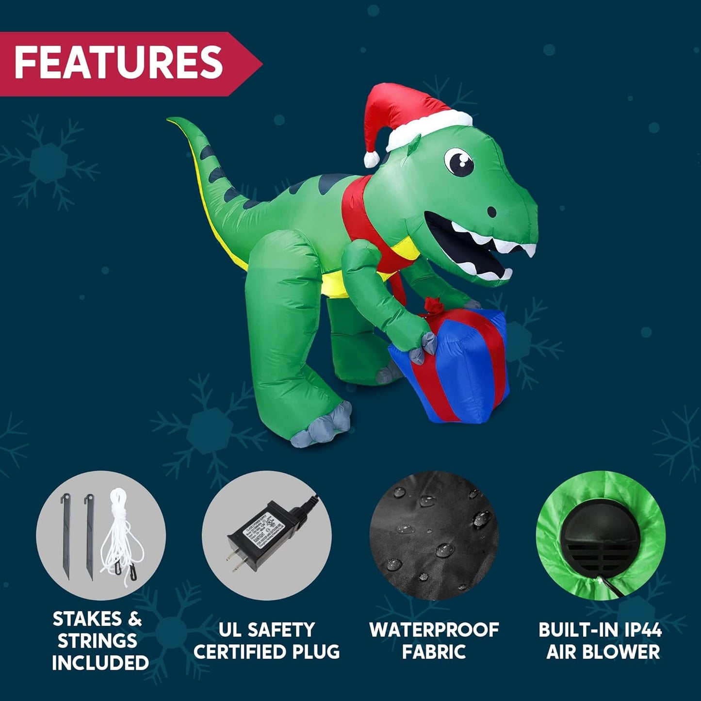Joyfy 5 FT Christmas Inflatables Dinosaur Outdoor Decorations,Christmas Dinosaur with Gift Box Blow Ups Yard with Built-in LEDs for Holiday Party Garden Lawn Decor