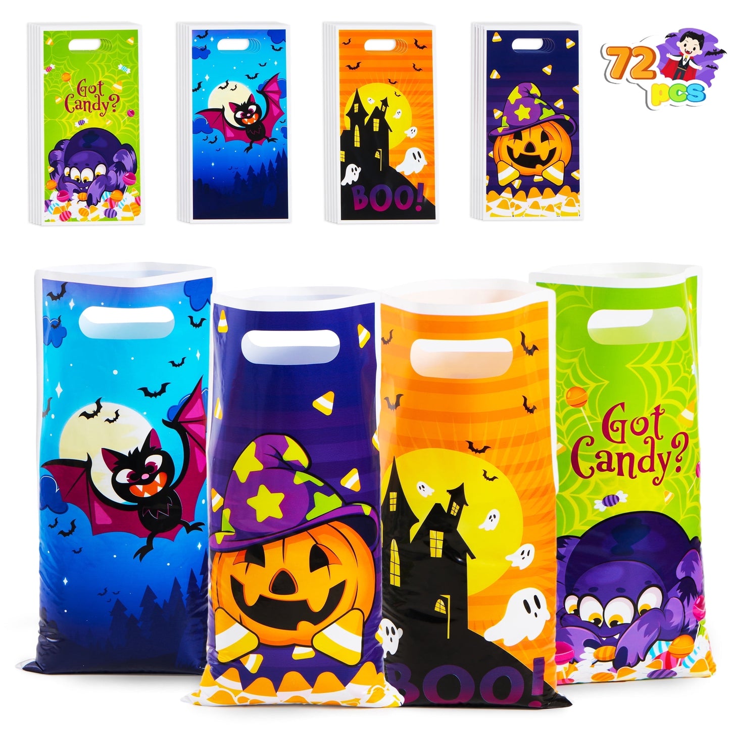 Joyfy 72 Pcs Halloween Treat Bags Goodie Bags, Plastic Candy Bags Trick or Treat Creepy Designs, Halloween Bags for Kids Trick or Treat,Classroom Goody Bags