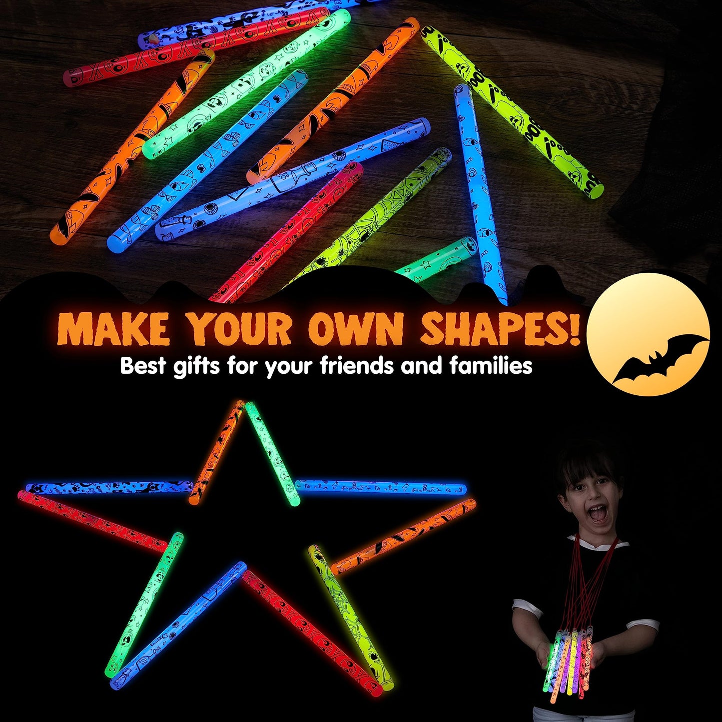 Sycnfun 24 Pcs Halloween Glow Sticks Bulk Party Pack,Hanging Wands Glow in The Dark Party Favors,Halloween Goodie Bag Fillers,Halloween Trinkets for Kids,Halloween Activities