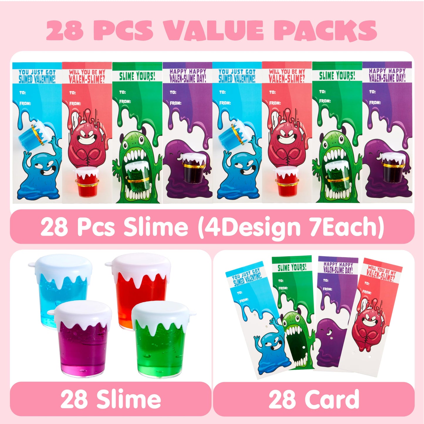 28 PCS Valentines Day Cards with Slime, Stress Relief Fidget Slime Valentines Toy for Kids Valentines Classroom Favors Exchange Card Gifts pack