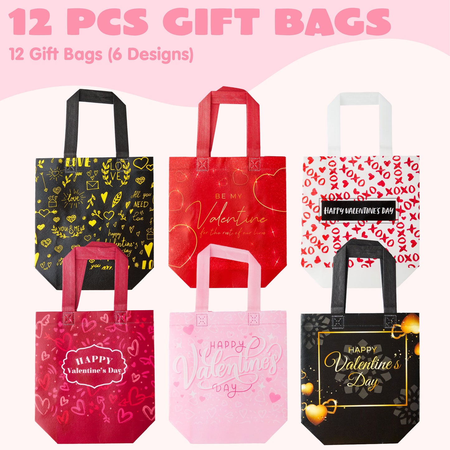 12 Pcs Valentine's Day Non-Woven Gift Bags with 6 Designs for Kids Party Favor, Classroom Exchange Prizes, Reusable Tote Bags For Present Wrapping