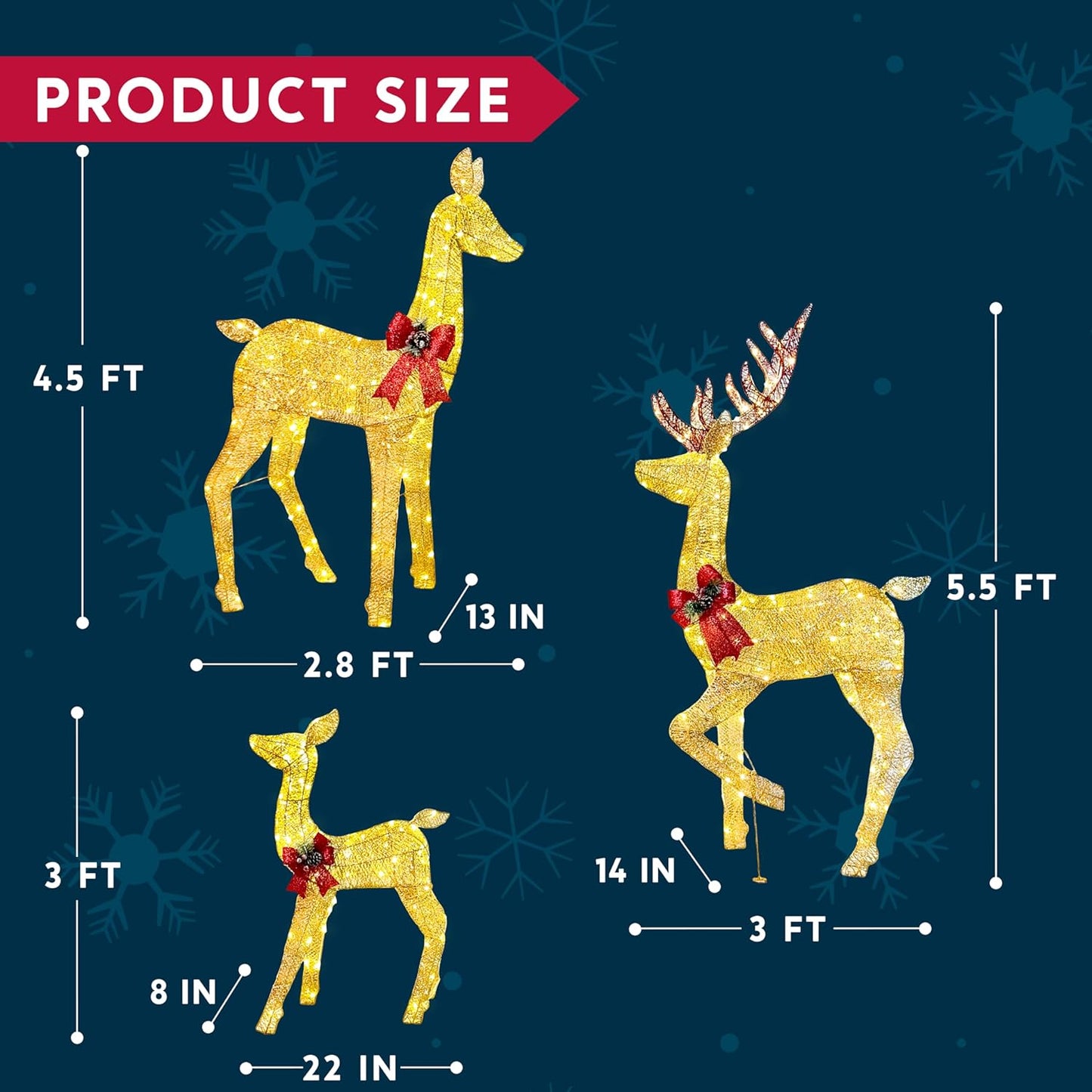 Joyfy 3 Pack Reindeer Christmas Outdoor Yard Light Decorations,360 LED Lights Deer Family for Christmas Outside Lawn Decor,Glod
