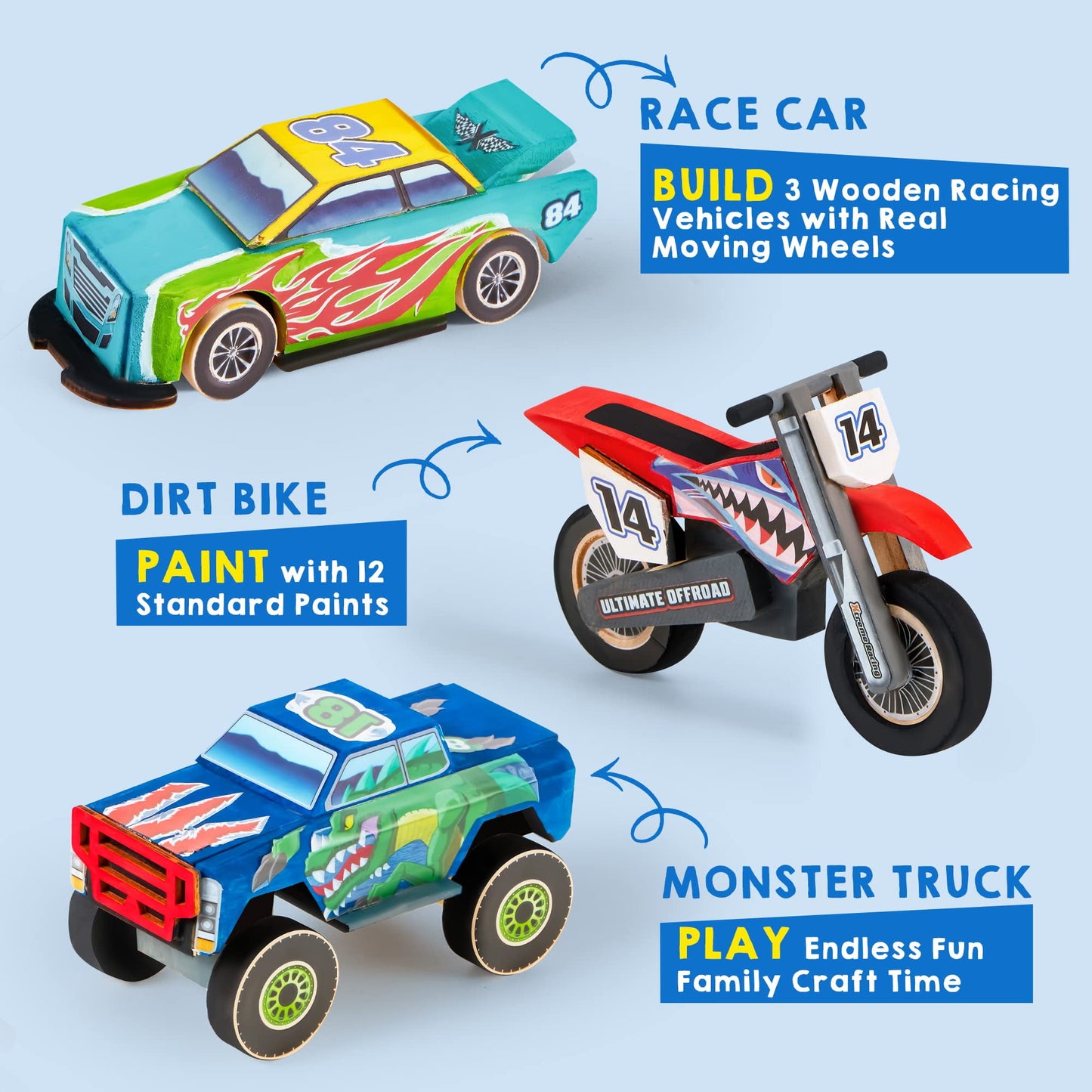 SYNCFUN 3 Piece DIY Wooden Race Car Painting Kit for Kids, Birthday Toy for Boys Girls Ages 6+