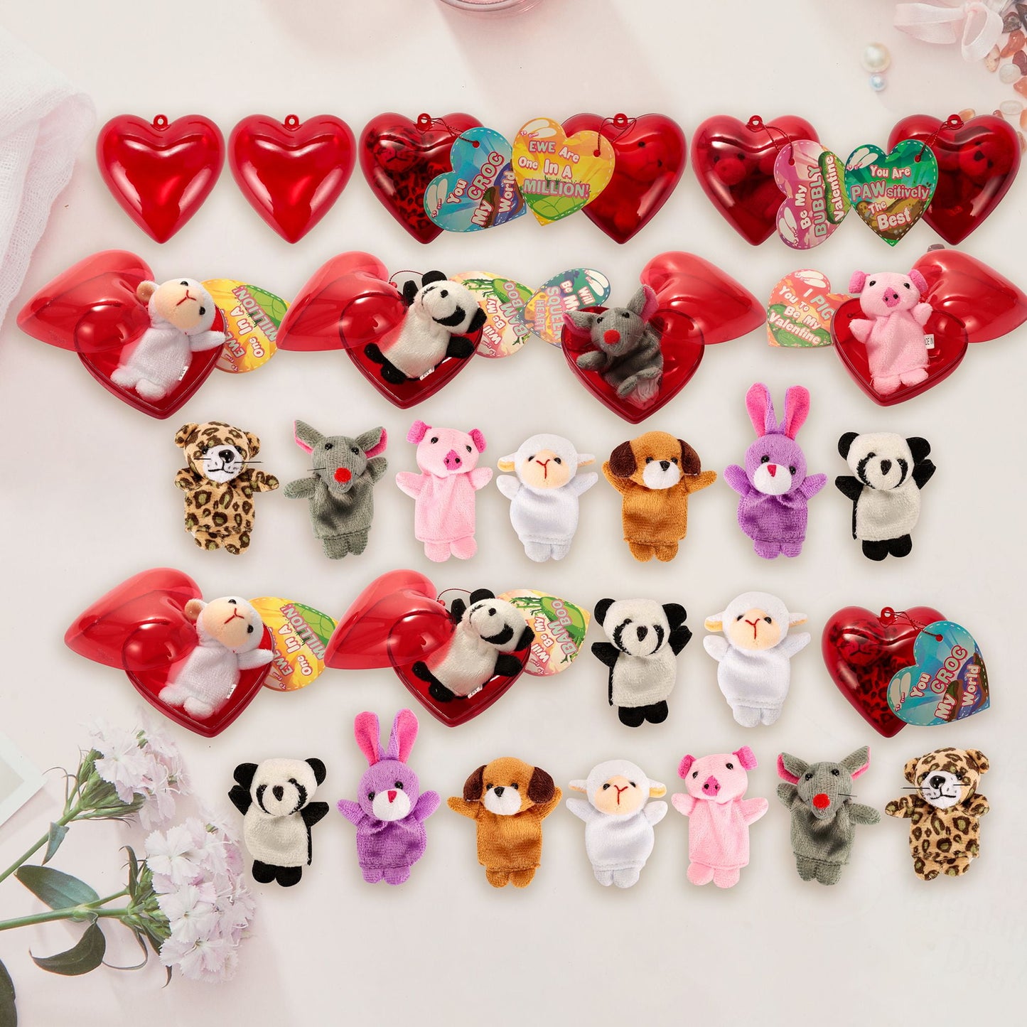 28-Pack Valentine's Day Pre-Assembled Hearts with Plush Animal Finger Puppets and Valentine's Day Cards for Kids