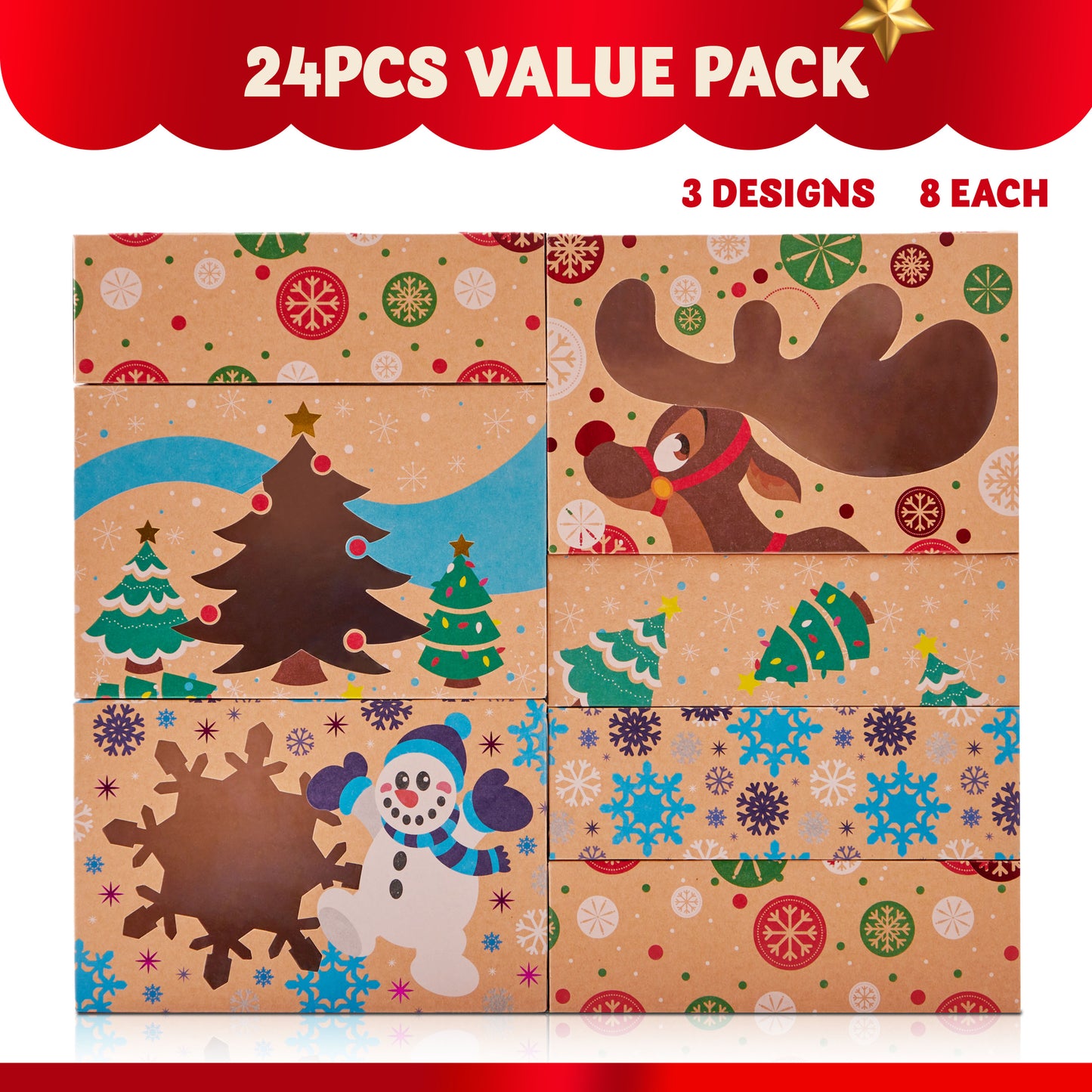 Joyfy 24 Pcs Christmas Bakery Treat Cookie Boxes for Doughnut, 8.75" x 5.35" x 2.75" Brown Kraft Cookie Boxes for Holiday Pastries, Cupcakes, Brownies, Gift Giving
