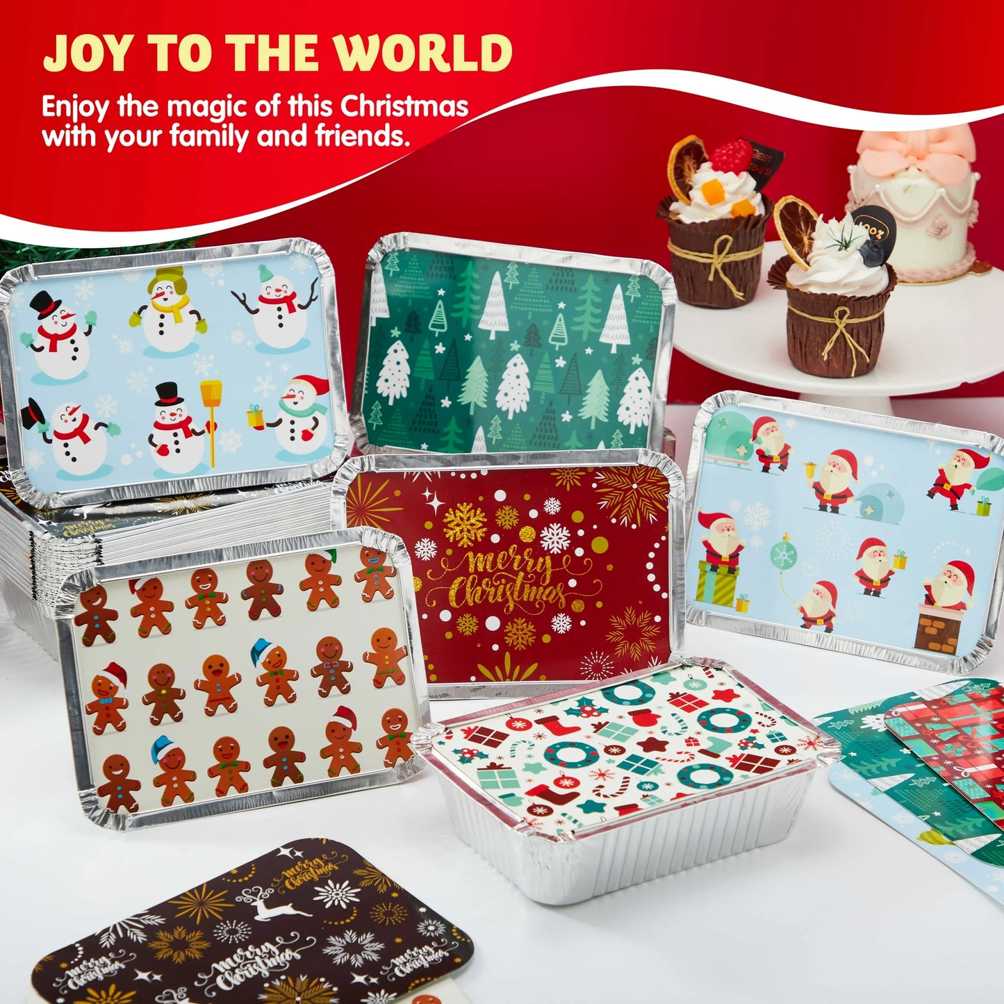 SYNCFUN 40 Pcs Christmas Foil Containers with Lid, Aluminum Foil Pans with Lids, 7"x5"x2" Disposable Foil Pans with Covers, Food Containers Great for Baking, Cooking, Heating, Storing, Prepping Food