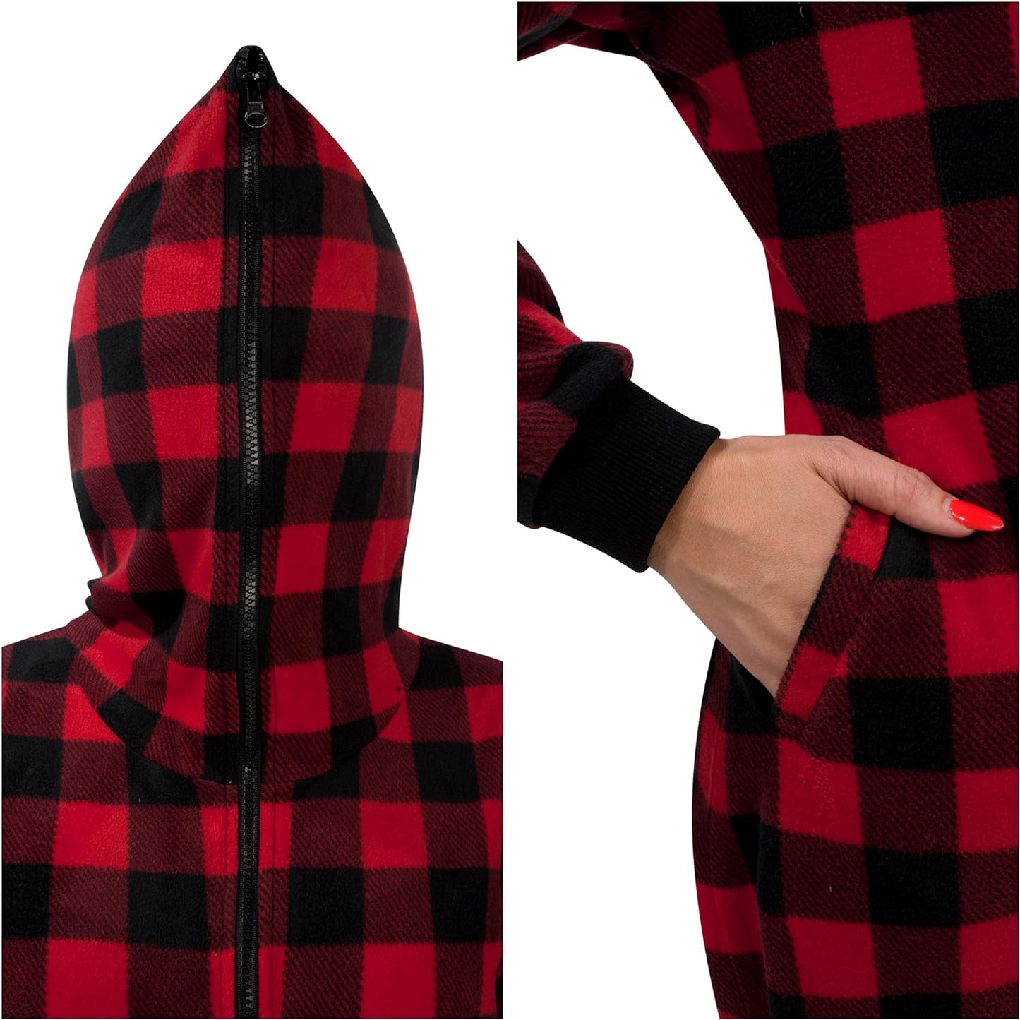 SYNCFUN Women's Christmas Pajamas, Adult Fleece Plaid Hooded Full Zip One-Piece Pajamas Women, Women's Holiday Pajamas